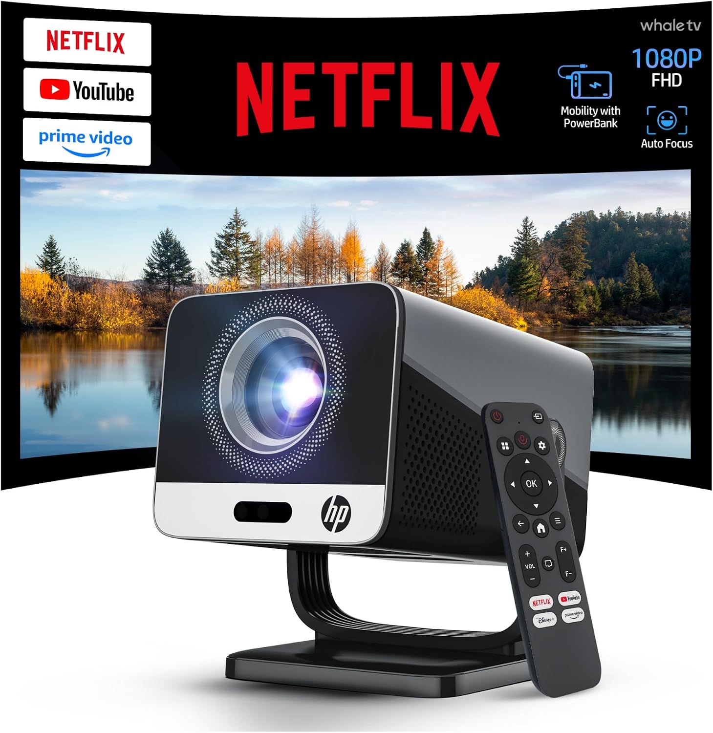 LYNCAST HP MC475 Projector, Native 1080P, Netflix Officially Licensed, USB-C Power Bank Compatible, Auto Focus, 4K Support, WiFi 6 & Bluetooth 5.2