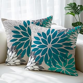 Kissenbezug 40x40 cm Modern Dahlien Dekokissen Zweiseitiges Muster Blau Weiß Blumen Sofakissen Outdoor Kissen Leinen Kissenbezüge Dekorative für Sofa Garten Wohnzimmer Bett 2er Set