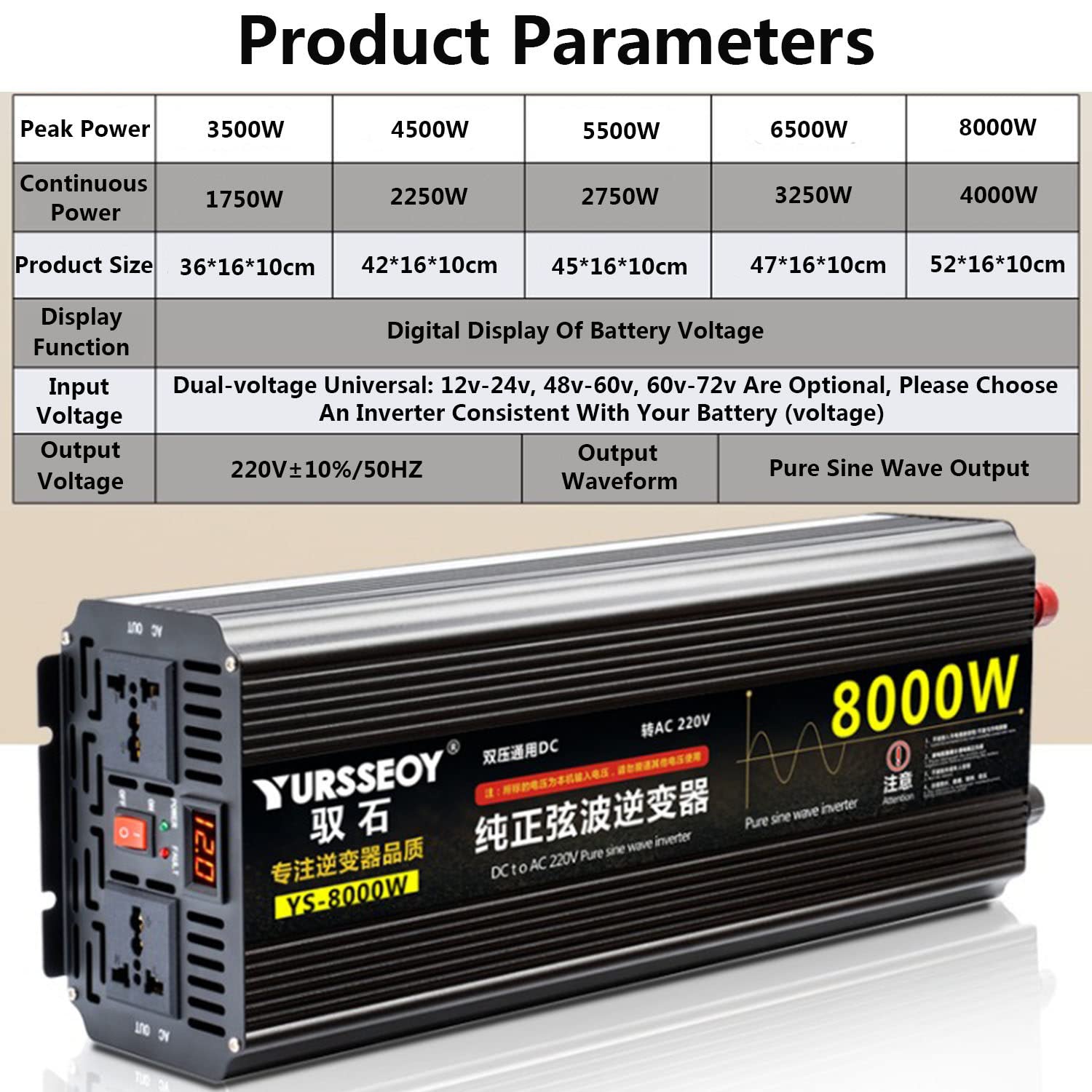 3500W 4500W 5500W 6500W 8000W przetwornica napięcia samochodowego 12v 24v 48v 60v 72v do 230v czysta fala sinusoidalna falownik przetwornica samochodowa przetwornica napięcia,5500W-12V/24V