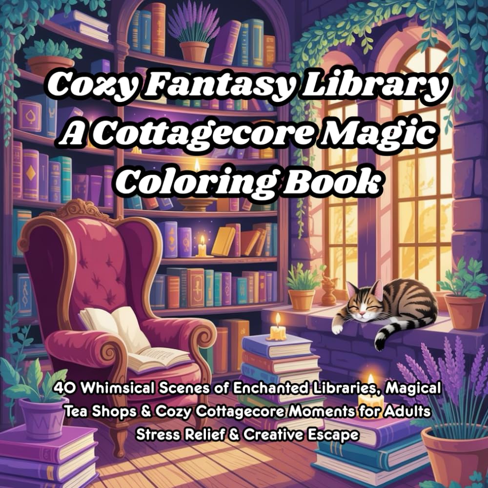 Cozy Fantasy Library: A Cottagecore Magic Coloring Book: 40 Whimsical Scenes of Enchanted Libraries, Magical Tea Shops & Cozy Cottagecore Moments for Adults | Stress Relief & Creative Escape
