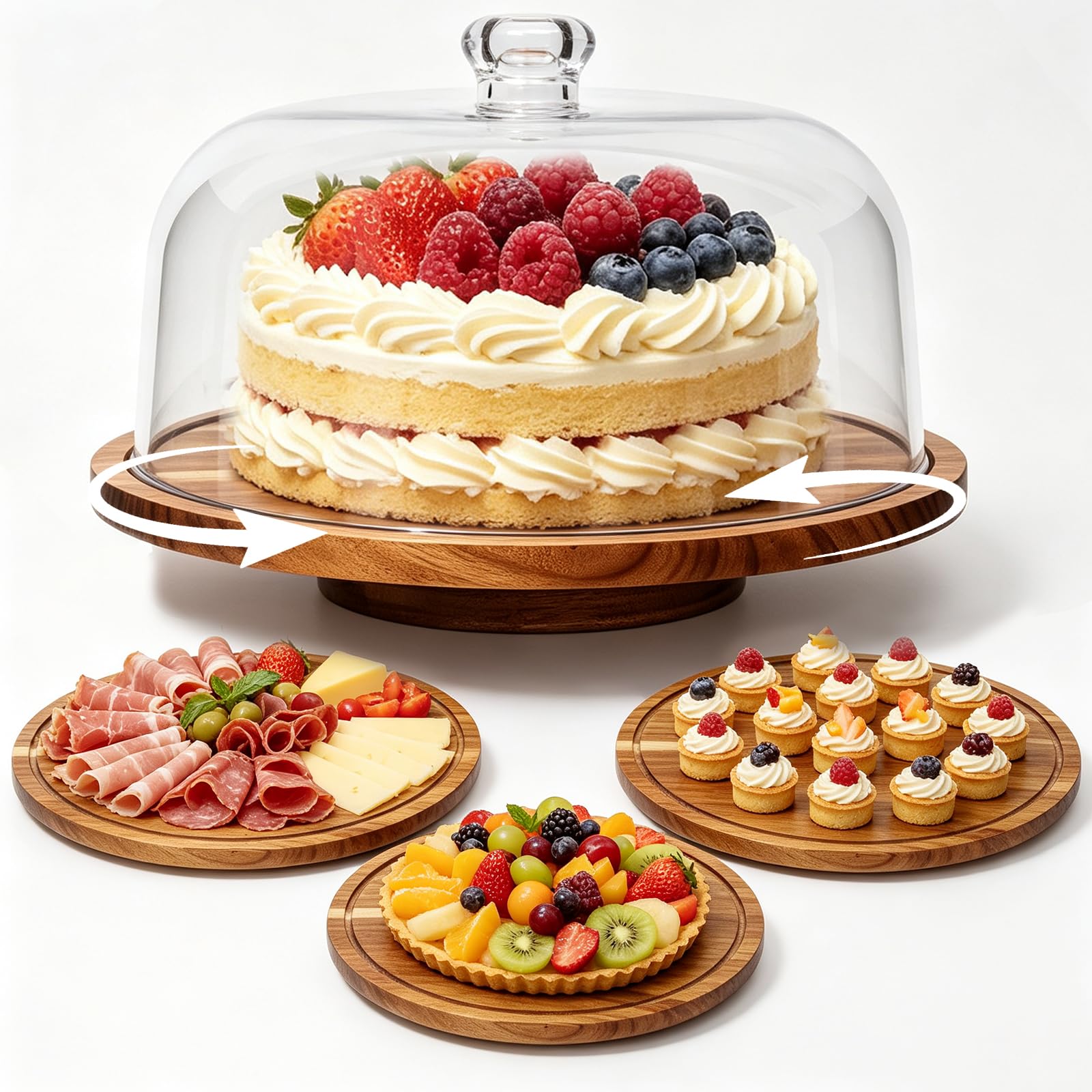 Alzata per torte con coperchio, 30 cm, girevole, in legno, con cupola in