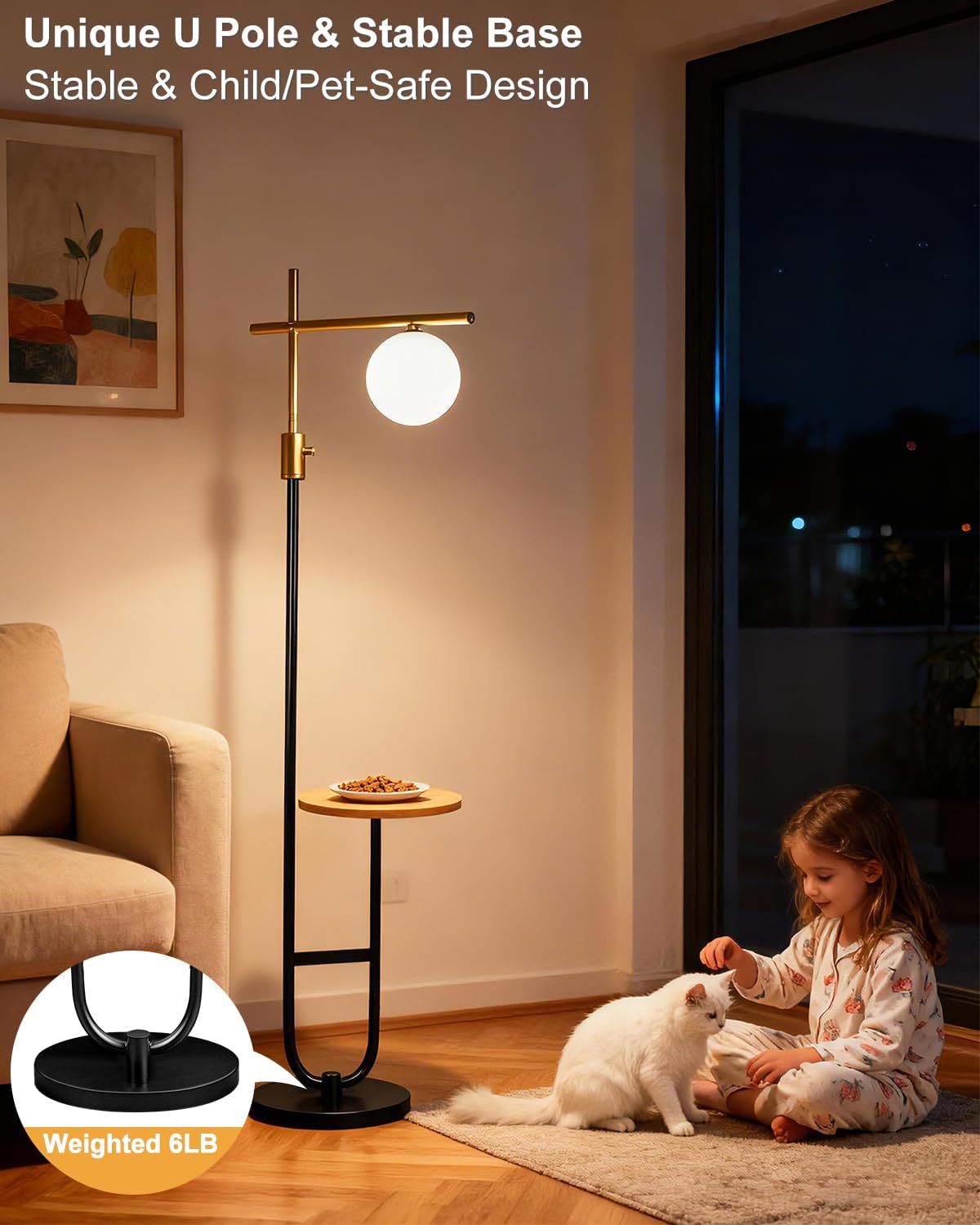 Lightdot 66IN Gold&Black Dimmable Floor Lamps with Storage Table, Modern Standing Tall Lamp with Milky White Globe Lampshade, Cross-Shaped Lamp Head and U-Pole Base Style for Living Room/Bedroom