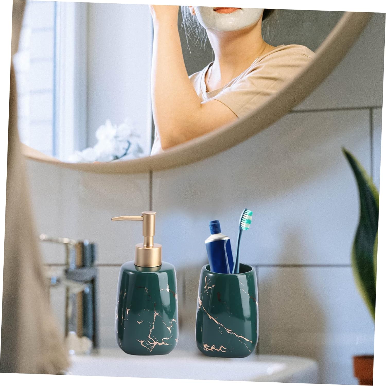 3-Piece Bathroom Accessory Set Marble Toothbrush and Toothpaste Cup Soap Tray for Bathroom Countertop Stylish Vanity Organizer for Home