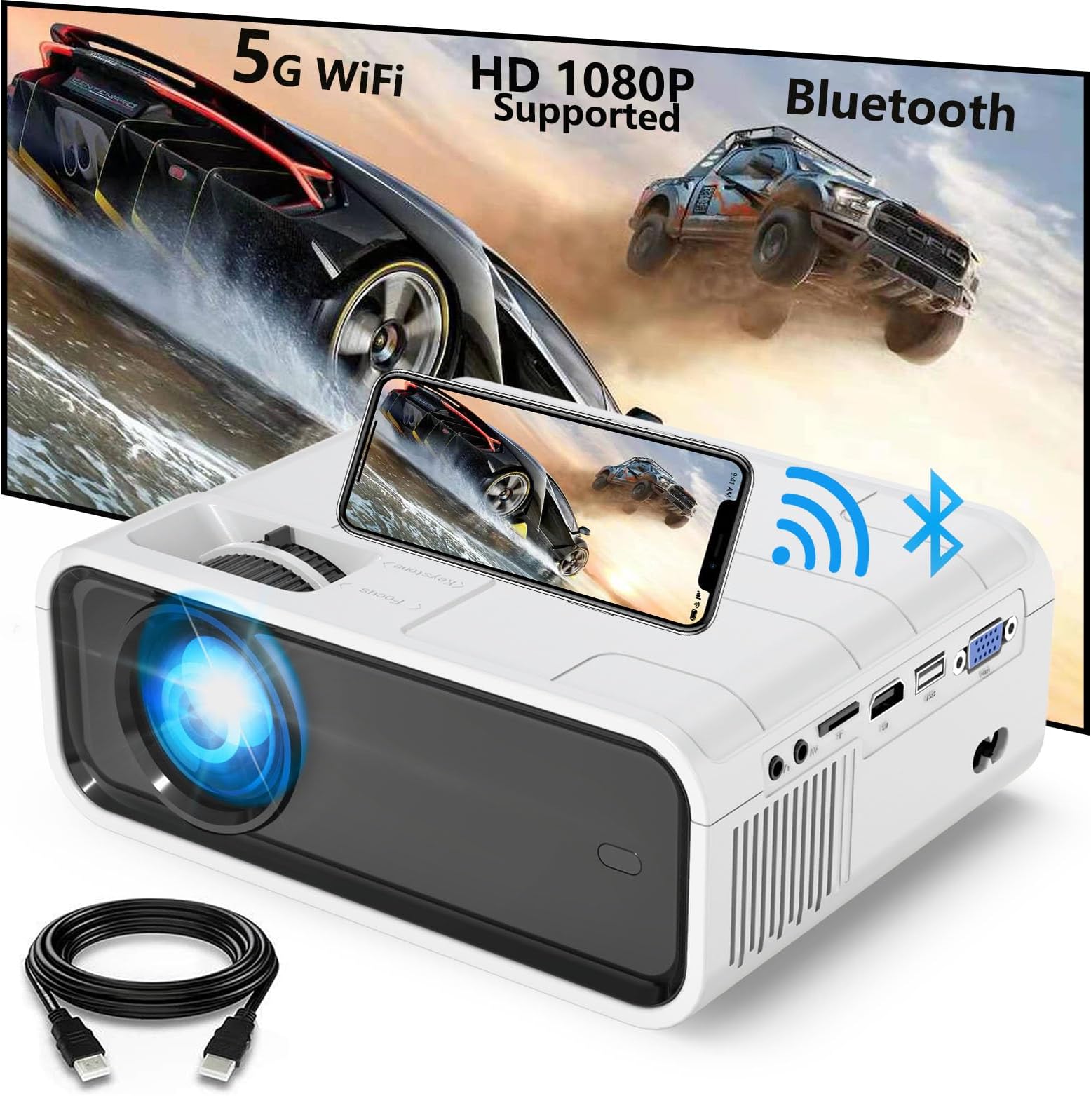 New HD Video Projector with 5G WiFi&Bluetooth,HD 1080P Supported,Portable Movie Projector Compatible with TV Stick/HDMI/USB/PS5/iOS/Android