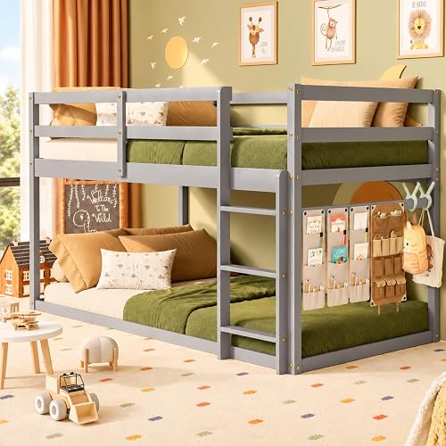 TOLEAD Low Bunk Bed Twin Over Twin, Floor Bunk Bed with Ladder, Twin Bunk Bed with Full Guardrails, Wooden Bunk Bed for Juniors, Boys, Girls, Kids, Bedrooms (Grey)