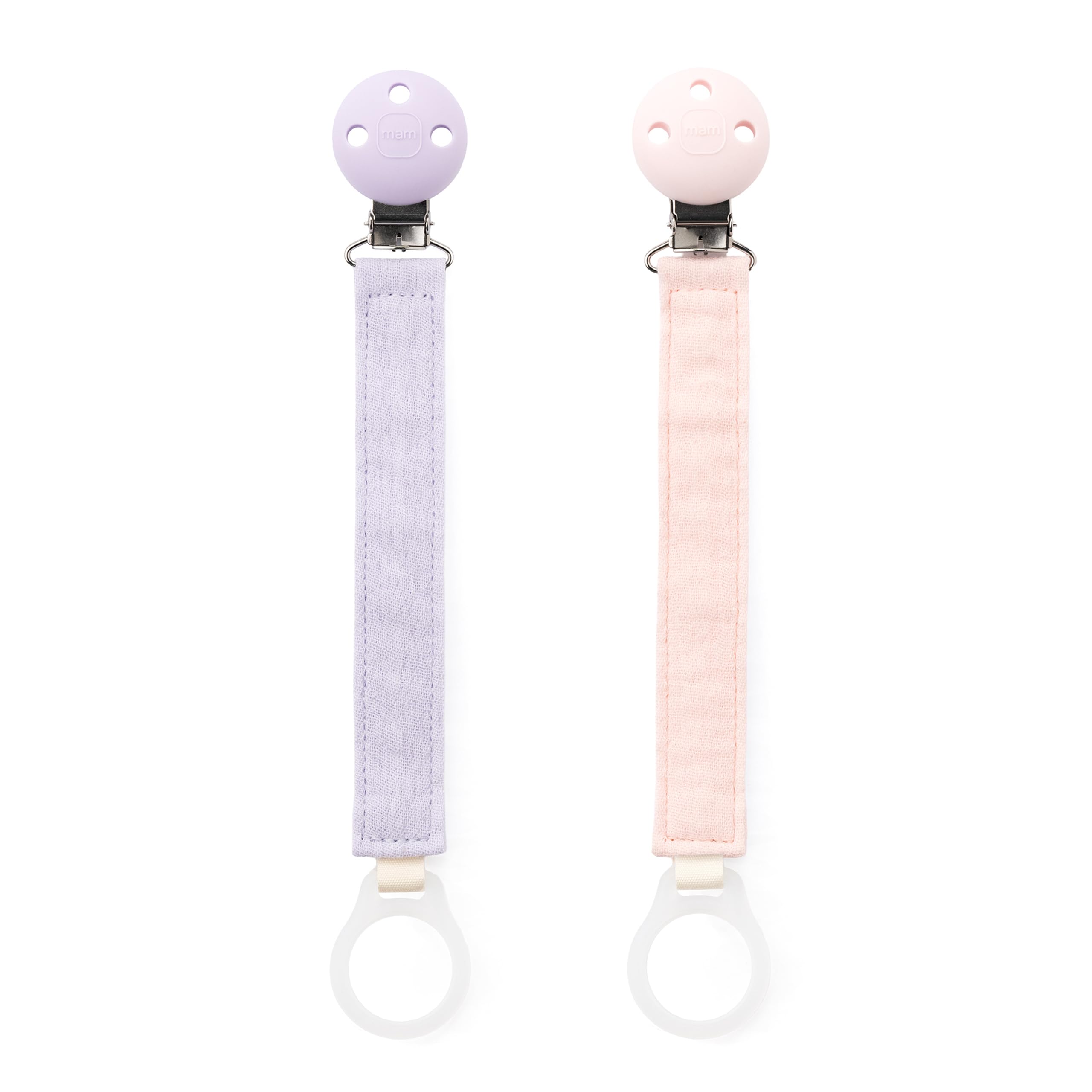 MAM Dummy Clip | 2 Pack | Baby Soother Clips Fit All MAM Soothers | Adjustable Length and Lightweight Design | Baby Accessories | Pink | Dummies Not Included