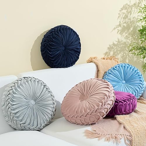 Miniatura 7 de Almohada redonda de 15.7 pulgadas, suave y redonda, hecha a mano, plisada, cojín redondo para sofá, almohada decorativa de terciopelo para sofá,