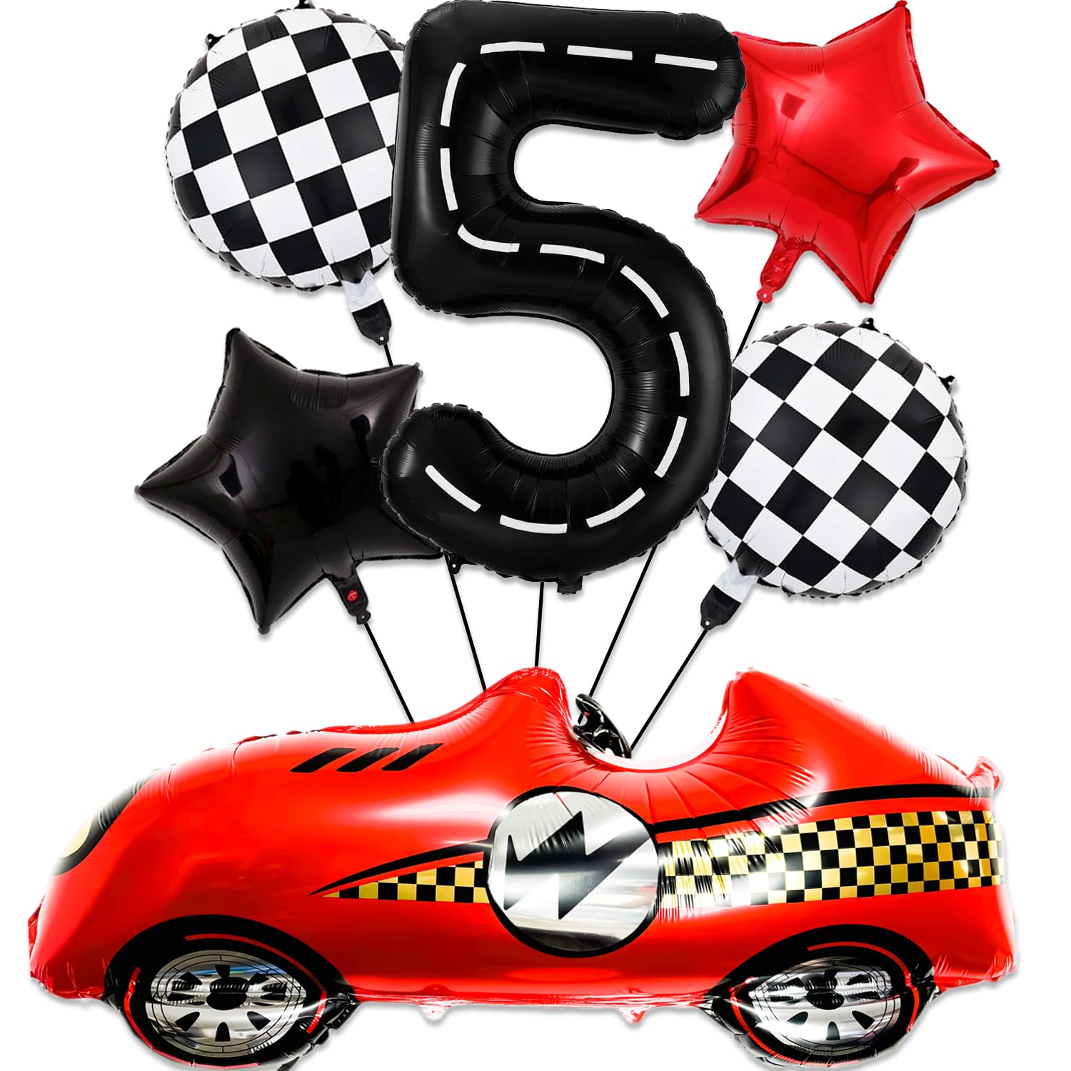 Racecar Birthday Decorations 5 Year Old, Large Red Race Car Balloons 40 Inch Racetrack Black Number 1 Balloon Checkered Balloon for Race Cars Birthday