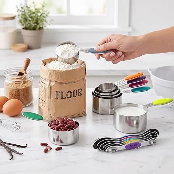 TILUCK Nesting Measuring Cups and Spoons Set, Stainless Steel with Soft Silicone Handle Heavy Duty & Dishwasher Safe for Measuring Dry/Liquid Ingredients, Ideal for Cooking & Baking (14)
