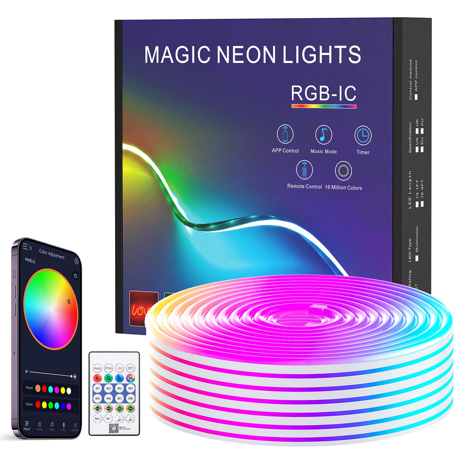 TK99SW 4M LED Neon Strip Light IP67 Waterproof DIY Function Music Sync with APP and Remote Control for Indoor Outdoor Decoration