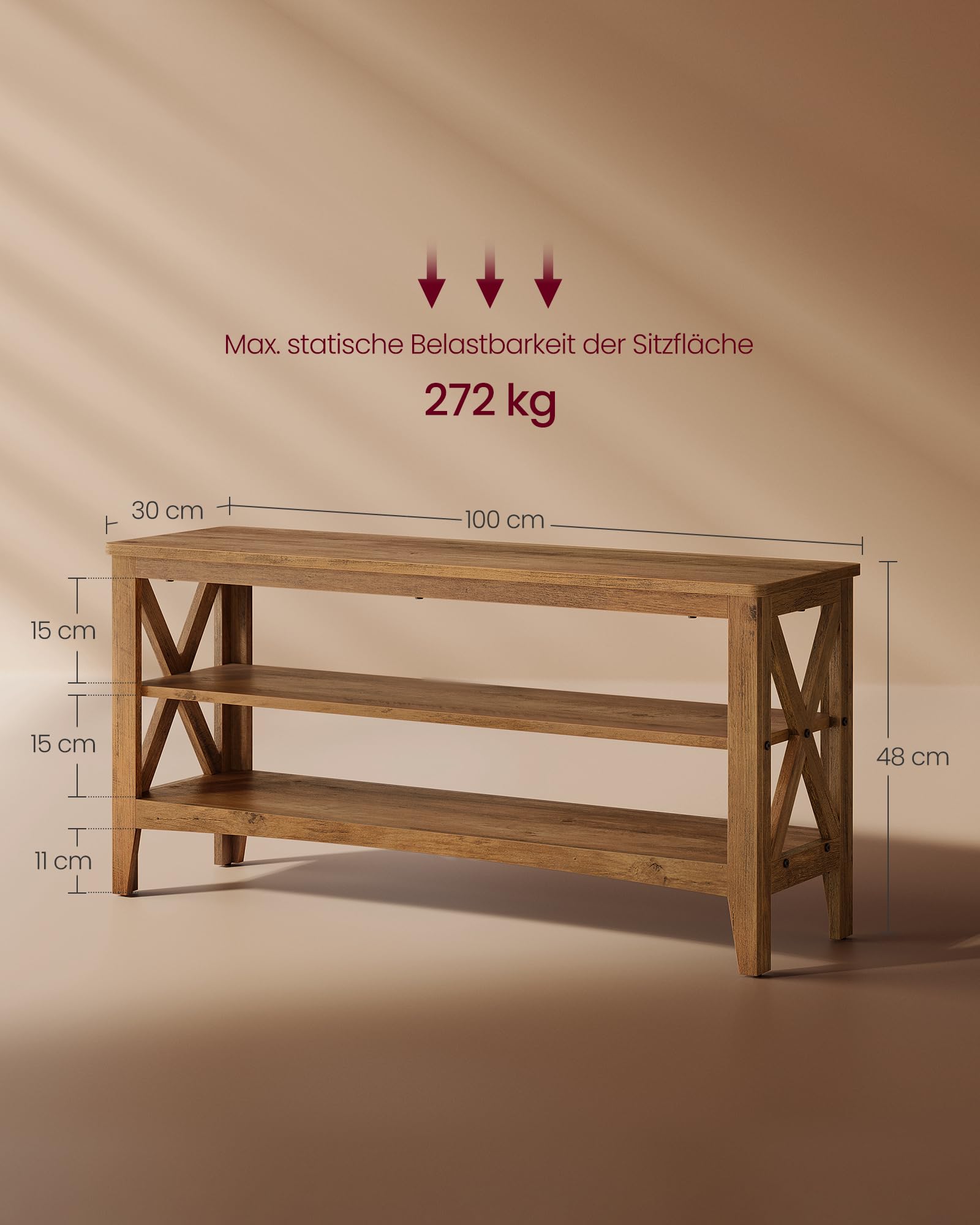 VASAGLE Schuhbank, Sitzbank mit Schuhregal, Flurbank, 2 Schuhablagen, 30 x 100 x 48 cm, hält bis zu 272 kg, Landhausstil, für Wohnzimmer, Schlafzimmer, honigbraun LSB153K41
