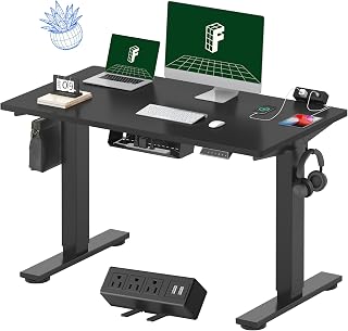 FlexiSpot EN2 Electric Standing Desk 48x24" Whole-Piece Top, Clamp Power Strip, USB Ports & Cable Management - Black Frame