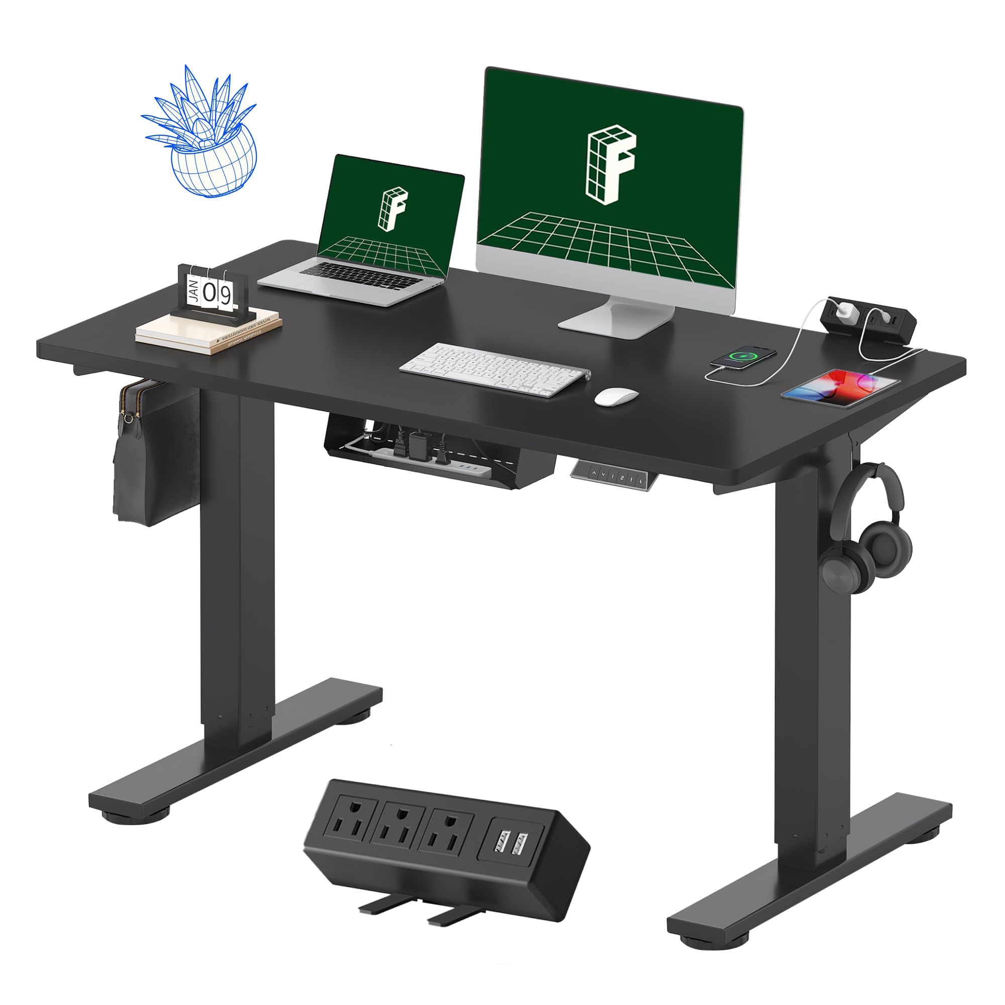 FLEXISPOT EN2 Whole-Piece Standing Desk with Clamp Power Strip, 48x24'' Electric Stand Up Height Adjustable Desk with Cable Management (Black Frame +