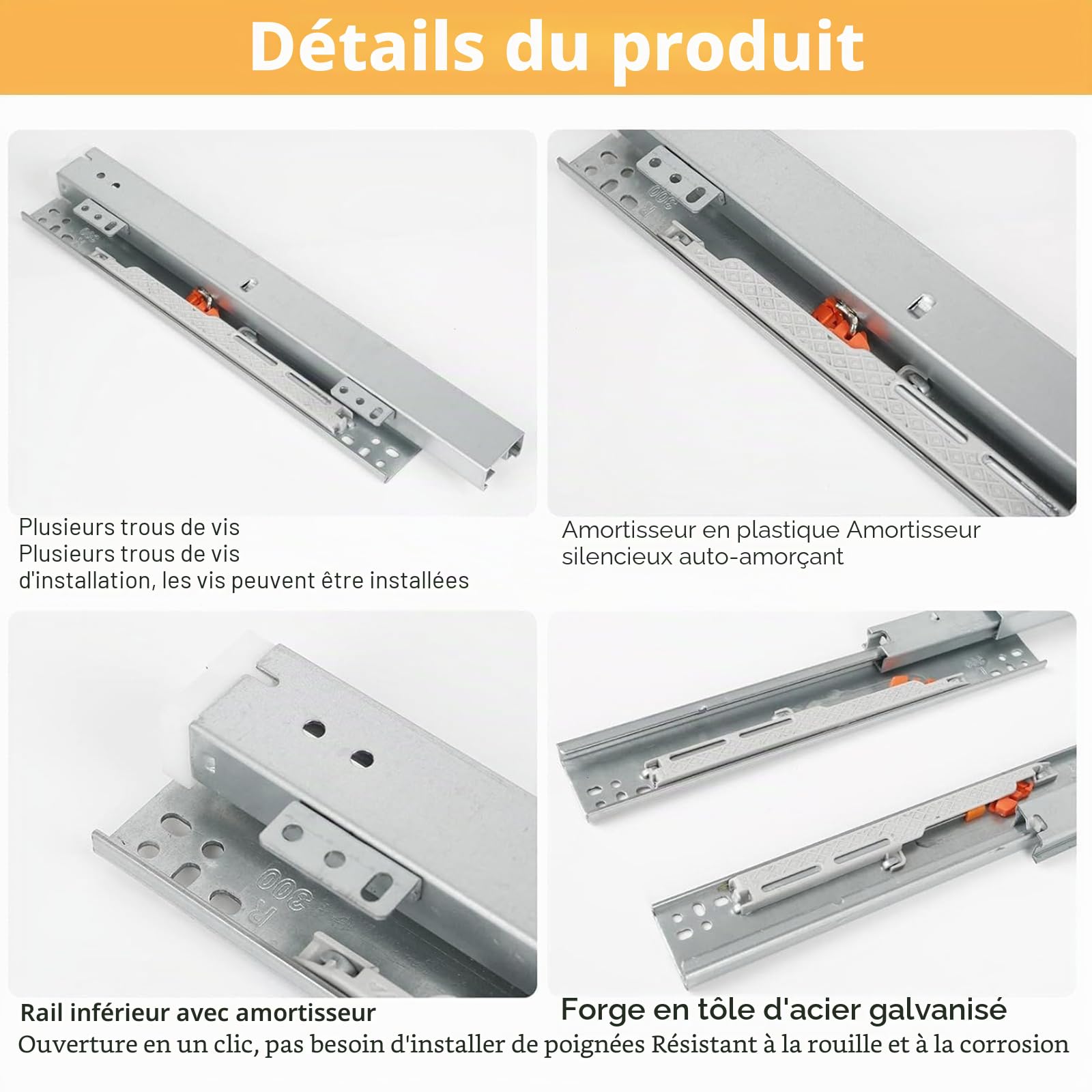 400 mm Glissière de tiroir sous plan de, fermeture en douceur, montage et support par le bas, capacité de charge de 40 kg, extension complète à 3 volets, 1 paire
