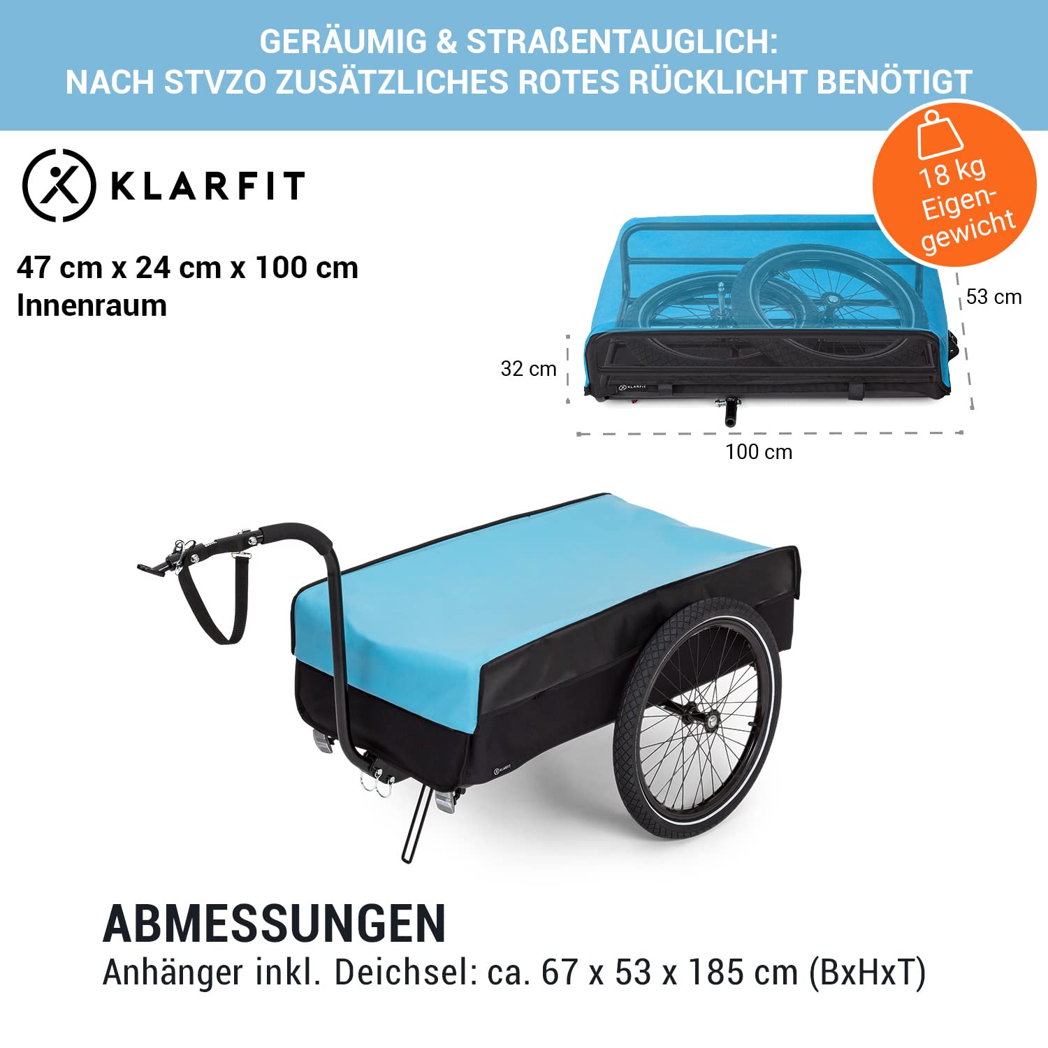 Klarfit Fahrradanhänger, Lastenanhänger mit 2 Rädern und Regenverdeck, Stahl-Fahrradanhänger mit Anhängevorrichtung & Halterung, Wasserdichter Handwagen mit Abnehmbarer Deichsel, Fahrrad Anhänger Sport & Freizeit