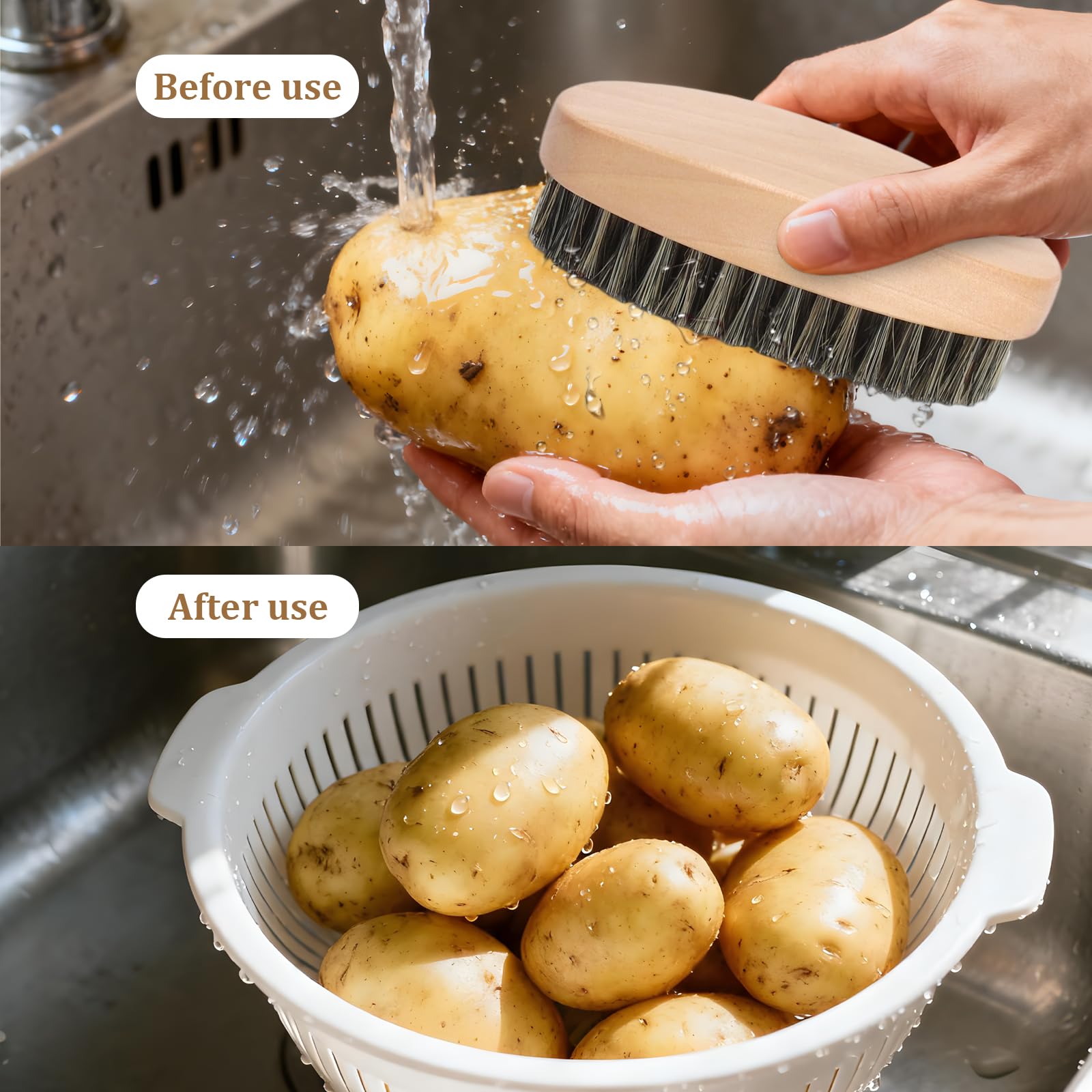Lot de 2 Brosses de Cuisine en Bois Naturel, Brosse à Légumes et Brosse à Casseroles Antimoisissure