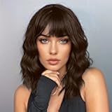 ENTRANCED STYLES Dark Brown Short Wavy Wig With Bangs Brown Wigs for Women 14inch Shoulder Length Bob Curly Wavy Wig Natural Wavy Synthetic Heat Resistant Fiber Hair for Daily Party Halloween Use