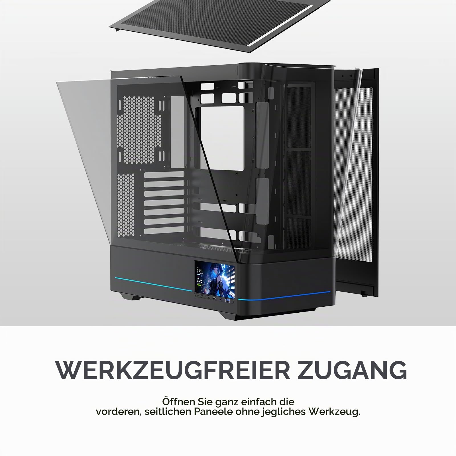 TZMRIT AC-02 PC Gehäuse mit 5.5INCH LCD Display,Mittelturm ATX-Computergehäuse mit Panorama-Doppelglas (Black)