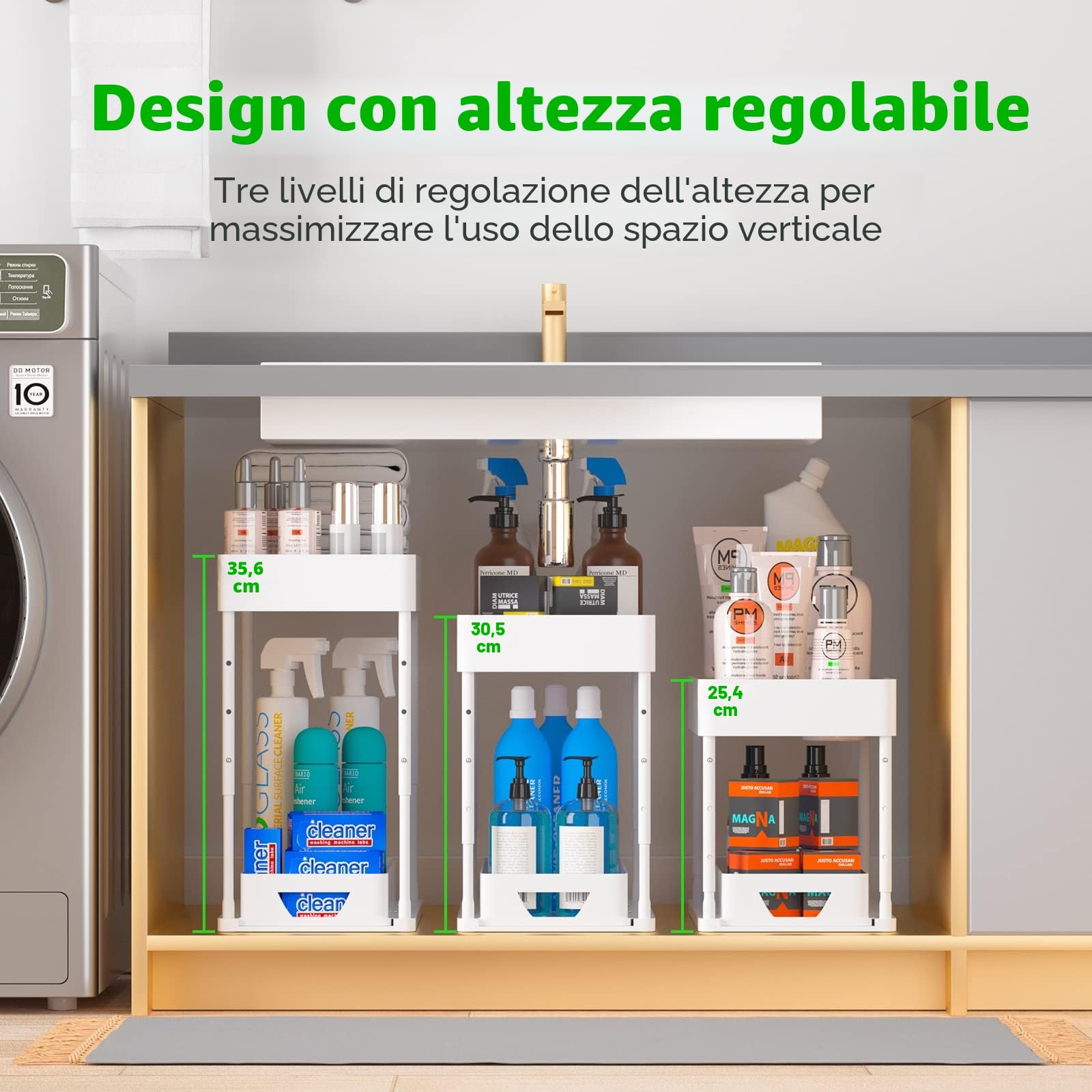organizer sottolavello cucina a 2 Livelli, con 4 Ganci, 8 tappetini Antiscivolo e 1 Tazza appesa organizzatore portadetersivi sotto lavello da cucina (Bianco)