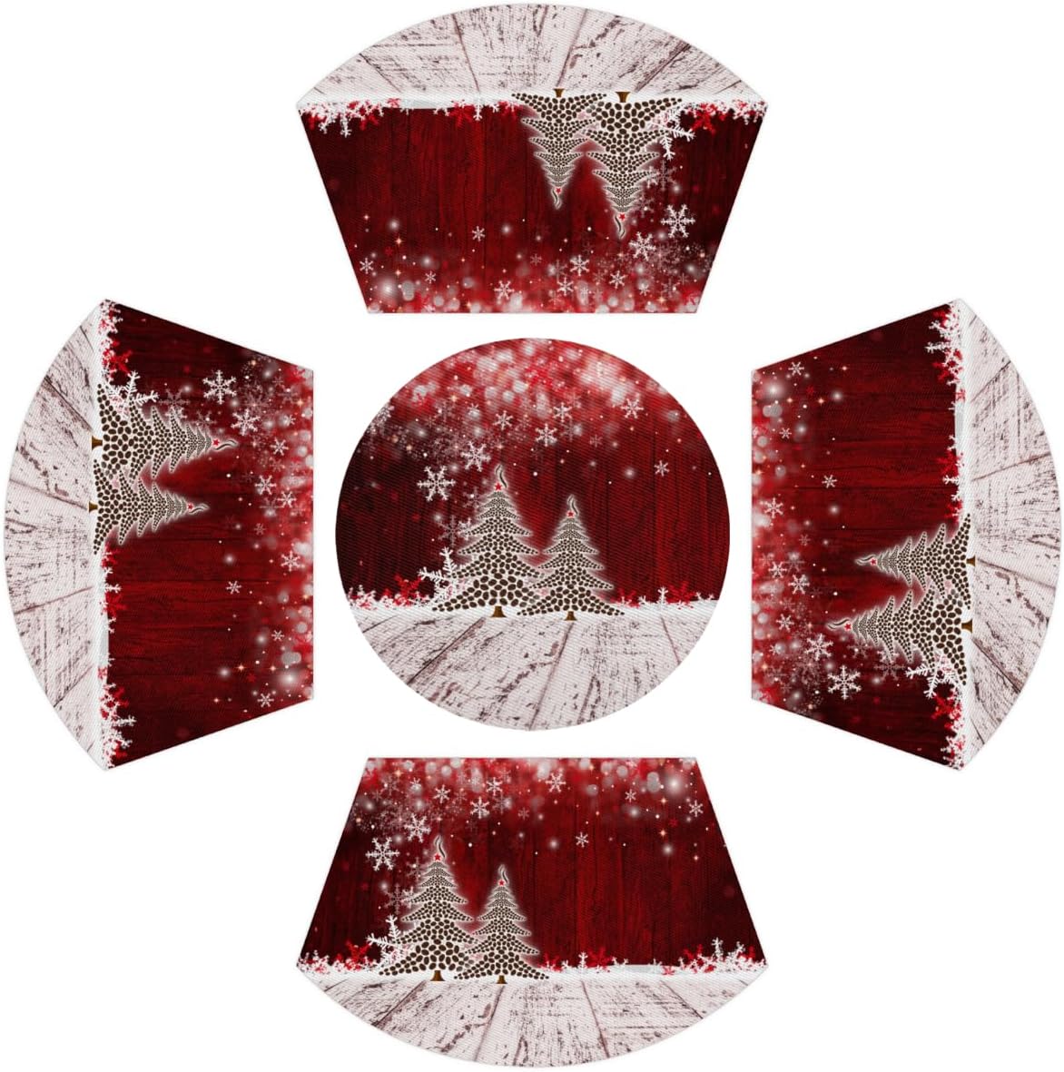Christmas PVC Placemats for Round Table - Set of 4 with Round Centerpiece Mat, Coffee Tree Winter Snowflake Wedge Table Mats - Washable