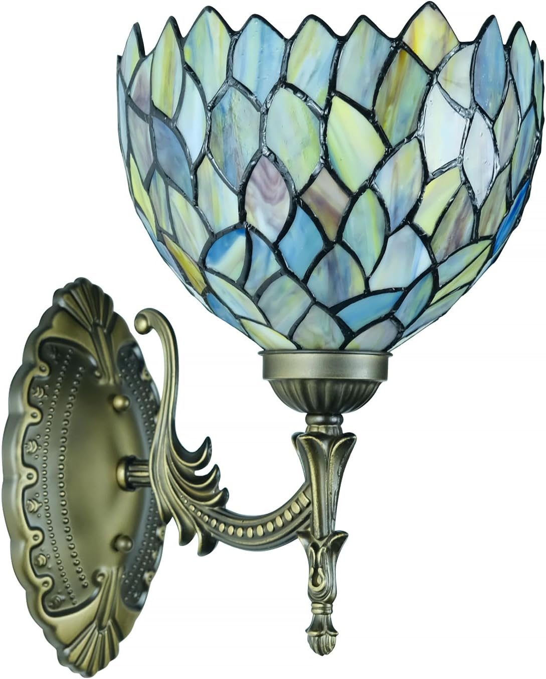 Tiffany Wall Sconce Hand-Weld Stained Glass Bedside Lamp with Classic 8 Inches Wisteria Green Lampshade for Bedroom Hallway Living Room Home Office