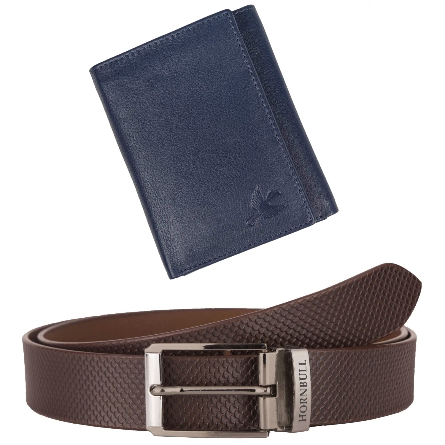 HORNBULL Mens Combo Gift Hamper | RFID Navy Leather Wallet and Brown Belt Combo Set for Men | Valentine's Day Men's Gift Wallet BW6997