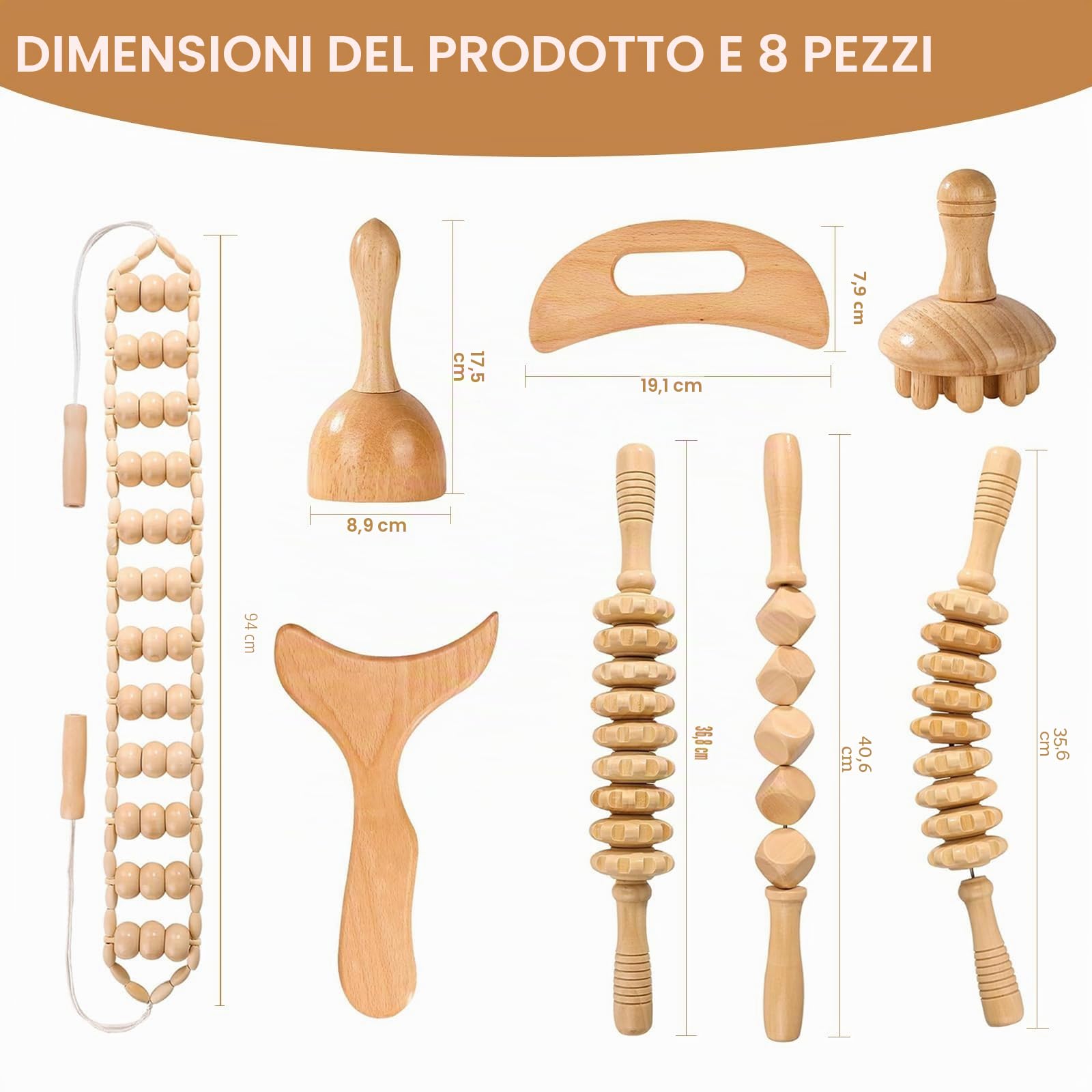 Set di massaggi in legno, 8 pezzi, massaggiatori per maderoterapia per drenaggio linfatico, modellazione del corpo e anticellulite, rilassamento muscolare e sollievo dal dolore