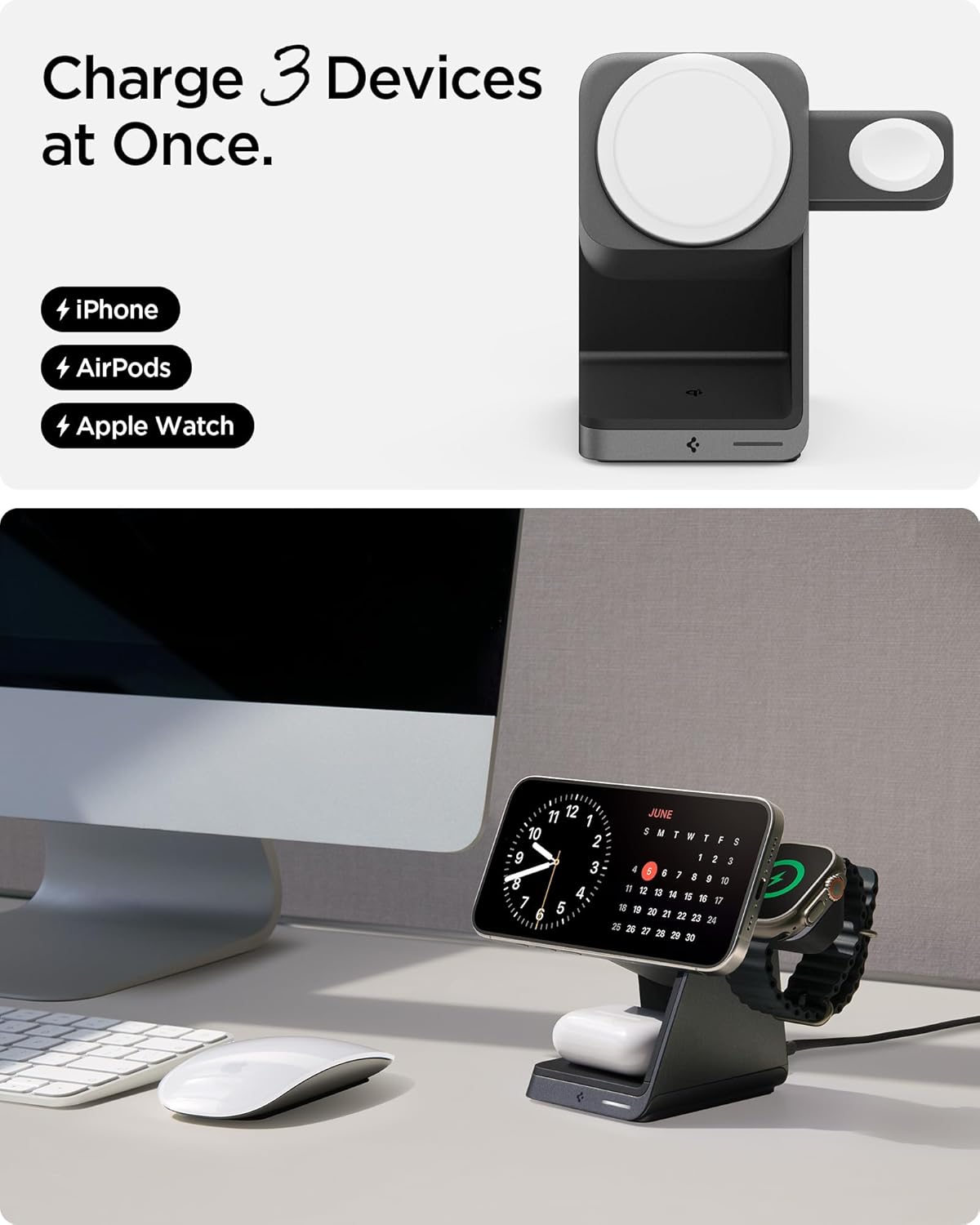 Apple Watch and AirPods charging on the Spigen ArcField 3-in-1 Wireless Charging Station