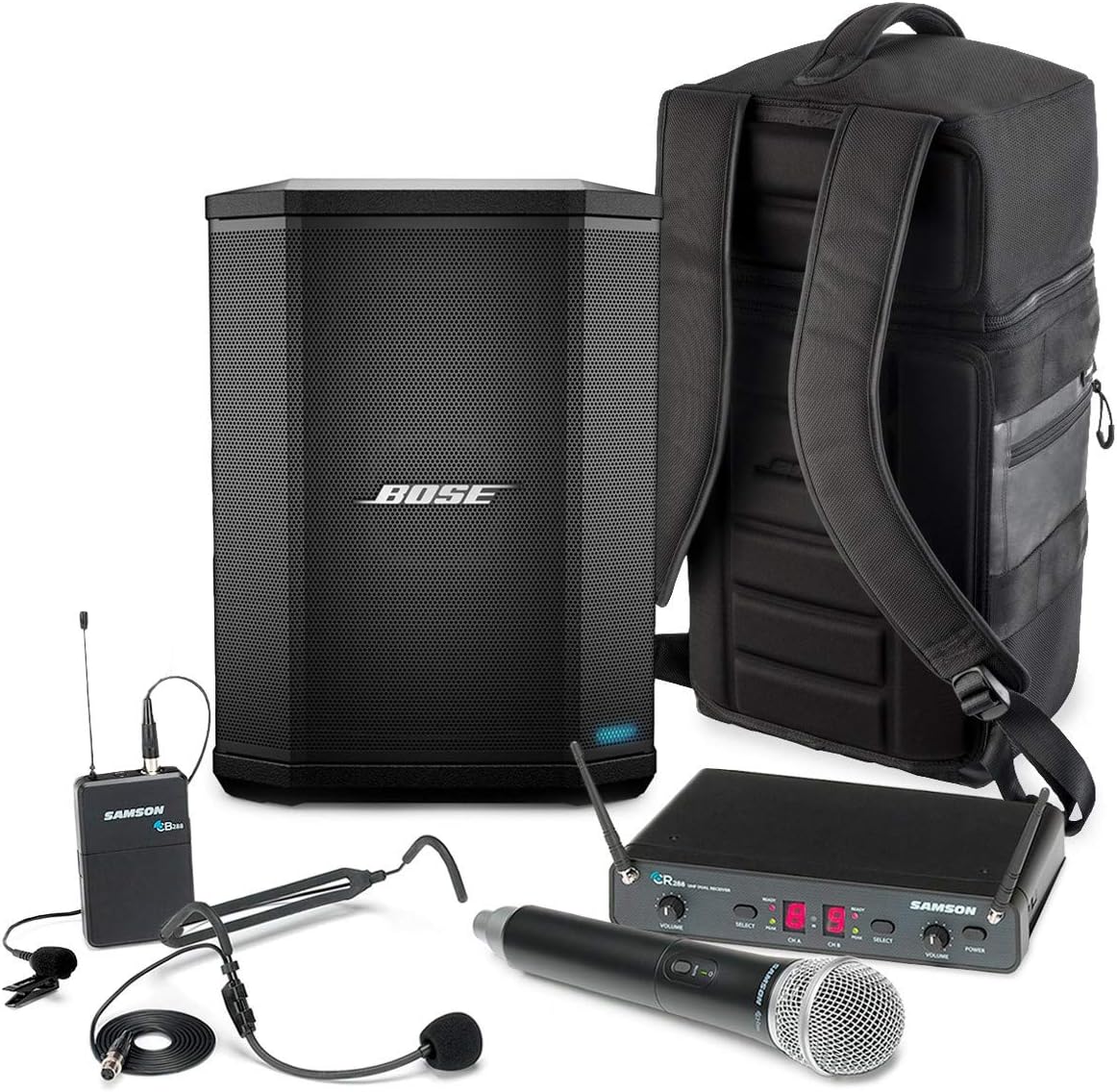 Bose S1 Pro Multi-Position Bluetooth Speaker Bundle with Samson Concert 288 All-in-One Wireless Microphone System and Padded Backpack - Ultra-Portable PA Sound System On-The-Go (3 Items)