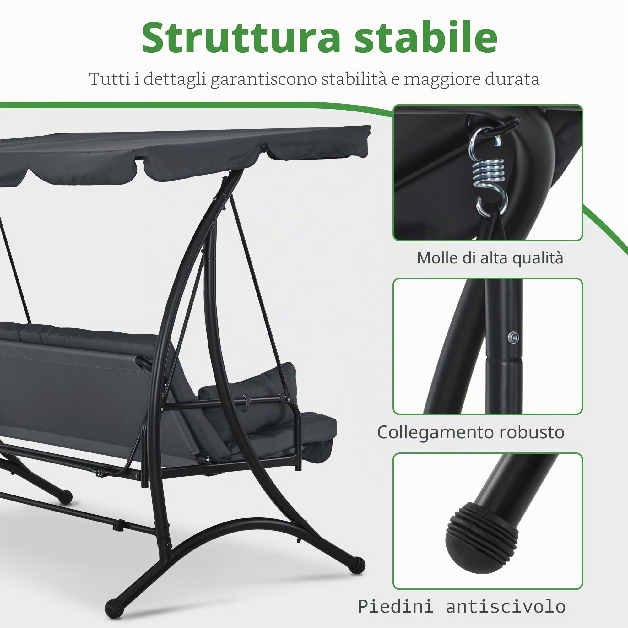 M MCombo Dondolo Hollywood a 3 posti, con funzione sdraiata, per esterni, resistente alle intemperie, portata fino a 300 kg, con cuscino extra spesso e tettuccio parasole, 4095 (grigio)