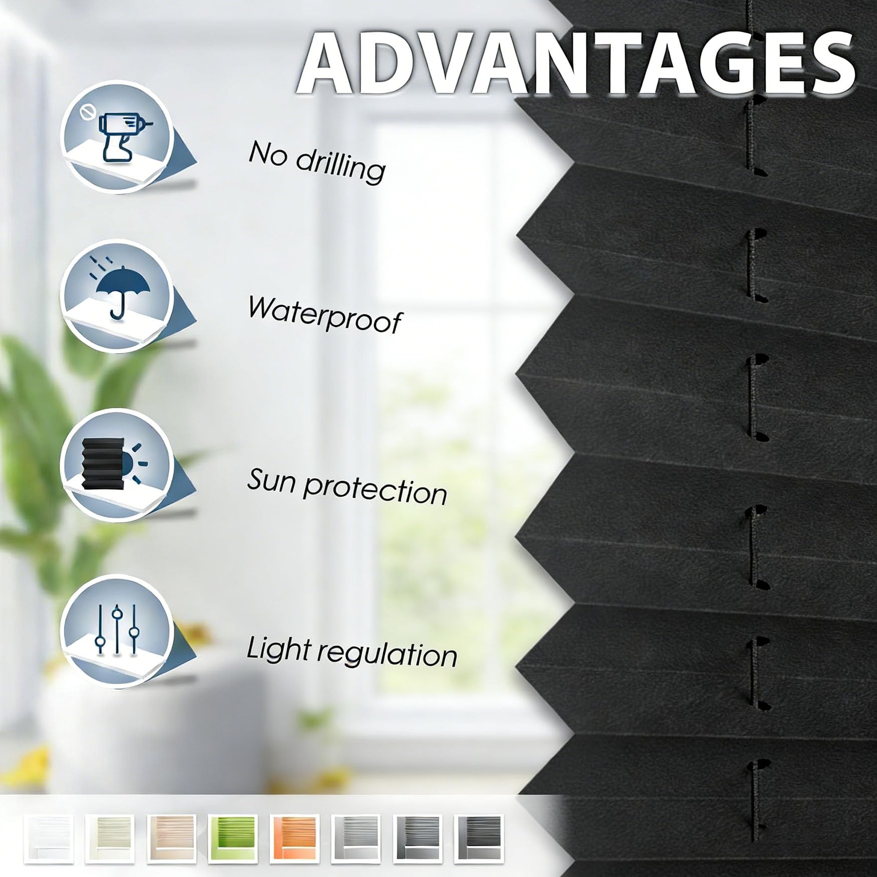 Tenda Plissettata 55 x 135 cm Protezione da Sole e Sguardi Indiscreti Tenda a Soffietto Traslucida Montaggio Facile e Veloce per Soggiorno, Bagno e Cucina, Nero