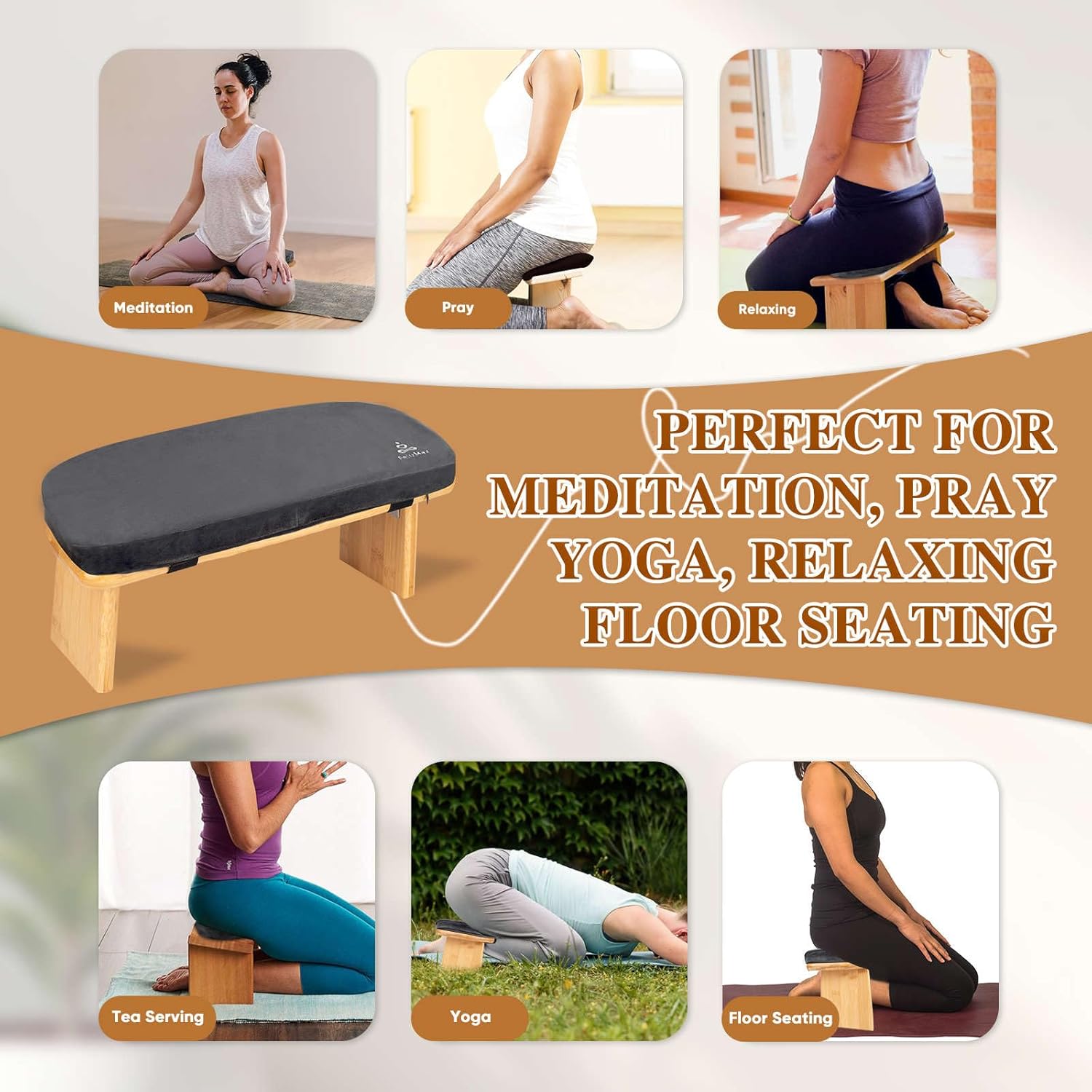 Meditation Bench with Cushion Foldable Ergonomic Bamboo Kneeling Stool Seiza Bench Wooden Meditation Stool Chair Zen Lotus Yoga Stool Floor Sitting Prayer Bench Removable Pillow