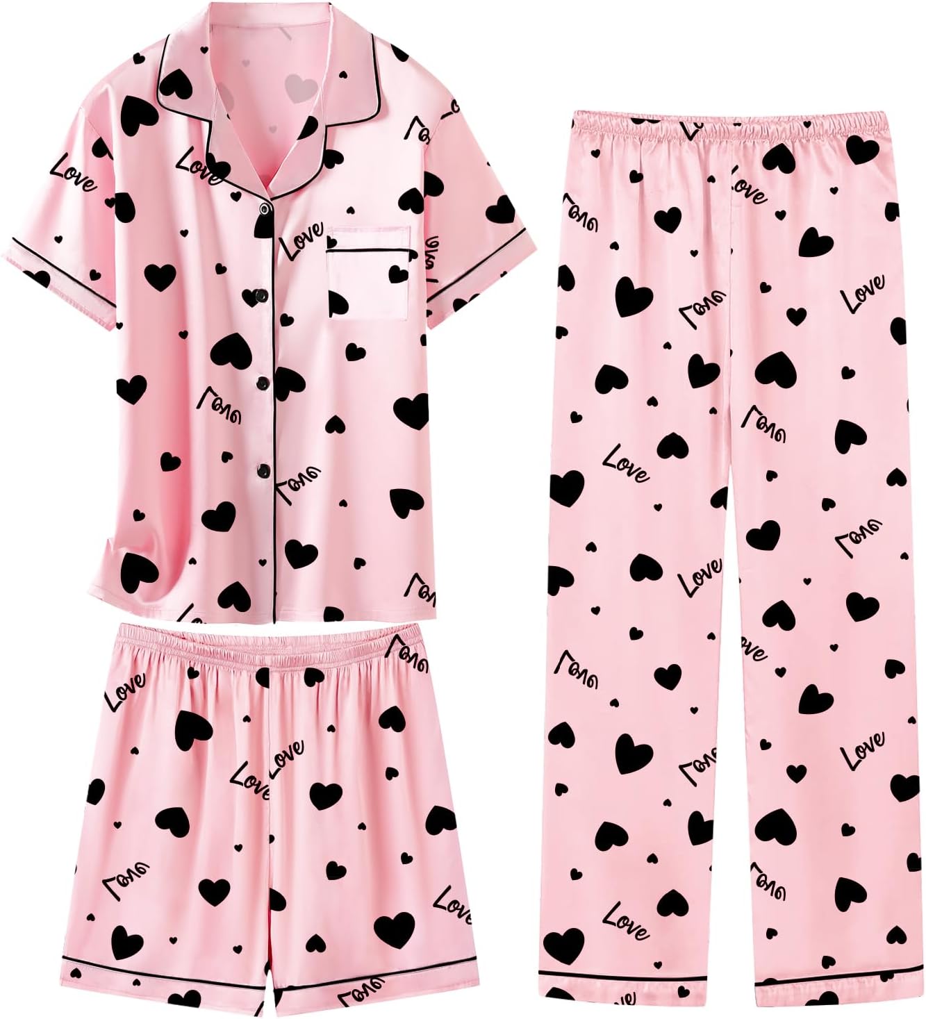 Schbbbta Girls Pajama Set Button Down Silk Pajama Sleepwear Nightwear for Kids, Pink Heart, 9-10 Years = Tag 150