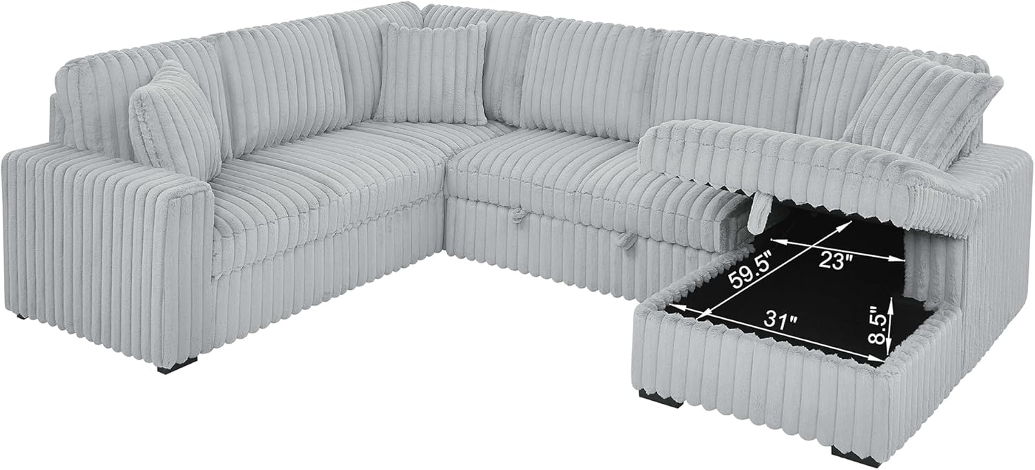 122'' Convertible U-Shaped Faux Rabbit Fur Plush Sectional Sleeper Sofa, Upholstered Cloud Couch Pull-Out Sofa Bed with Storage Chaise and USB Ports for Living Room (Grey, 122'' x 95.6'') 122'' x 95.6'' Grey