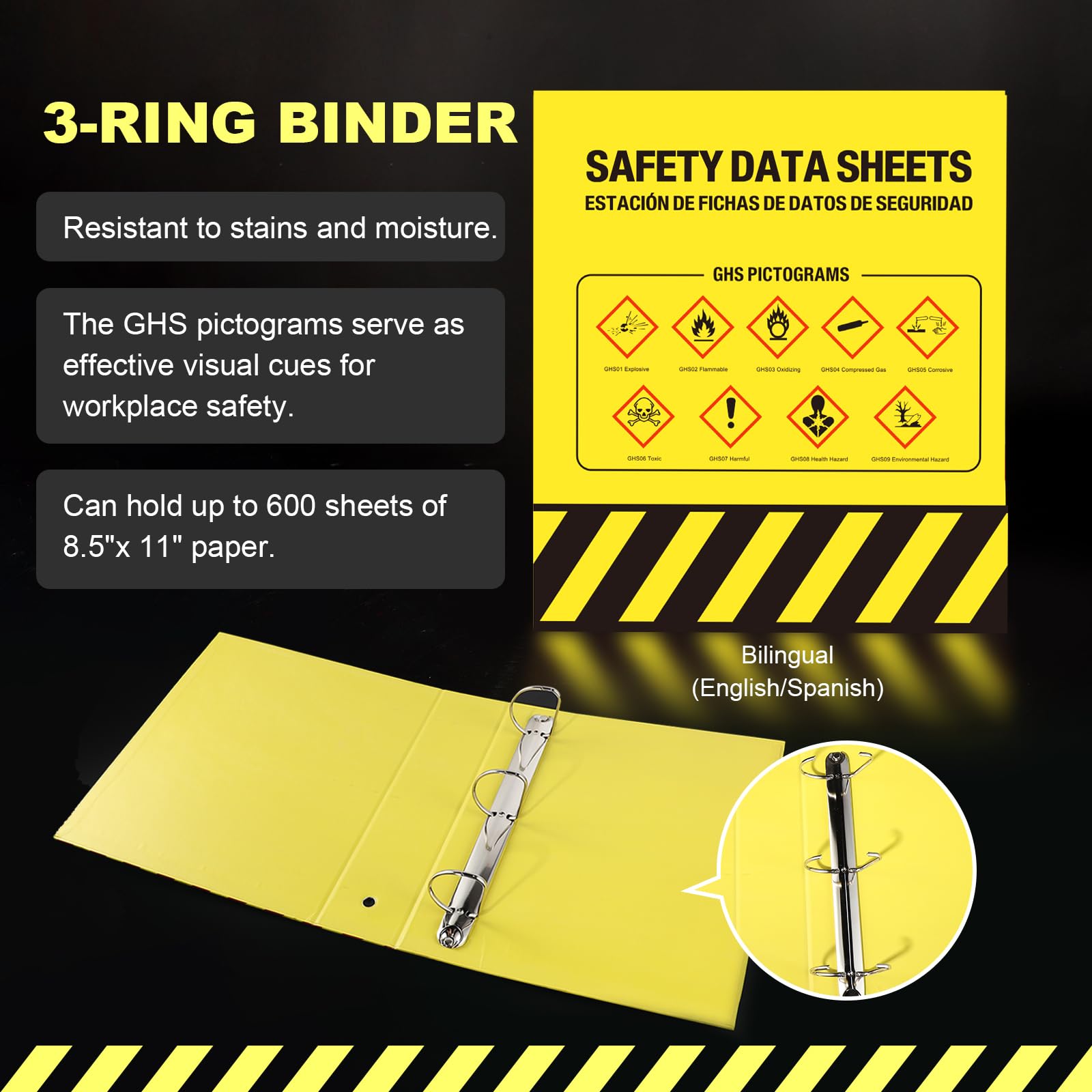Lontcs MSDS SDS Binder and Wall Station Set,Yellow Heavy Duty 3 Inch Material Safety Data Sheet 3 Ring Binder with SDS Wire Rack and Display Sign,Chain,Safety Posters,MSDS Labels,Binder Wall Mount — Amazon image 4
