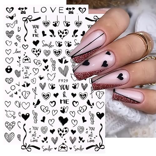 8 hojas de calcomanías de corazón 3D para uñas calcomanías de uñas autoadhesivas de corazón blanco y negro para mujeres niñas niños uñas acrílicas