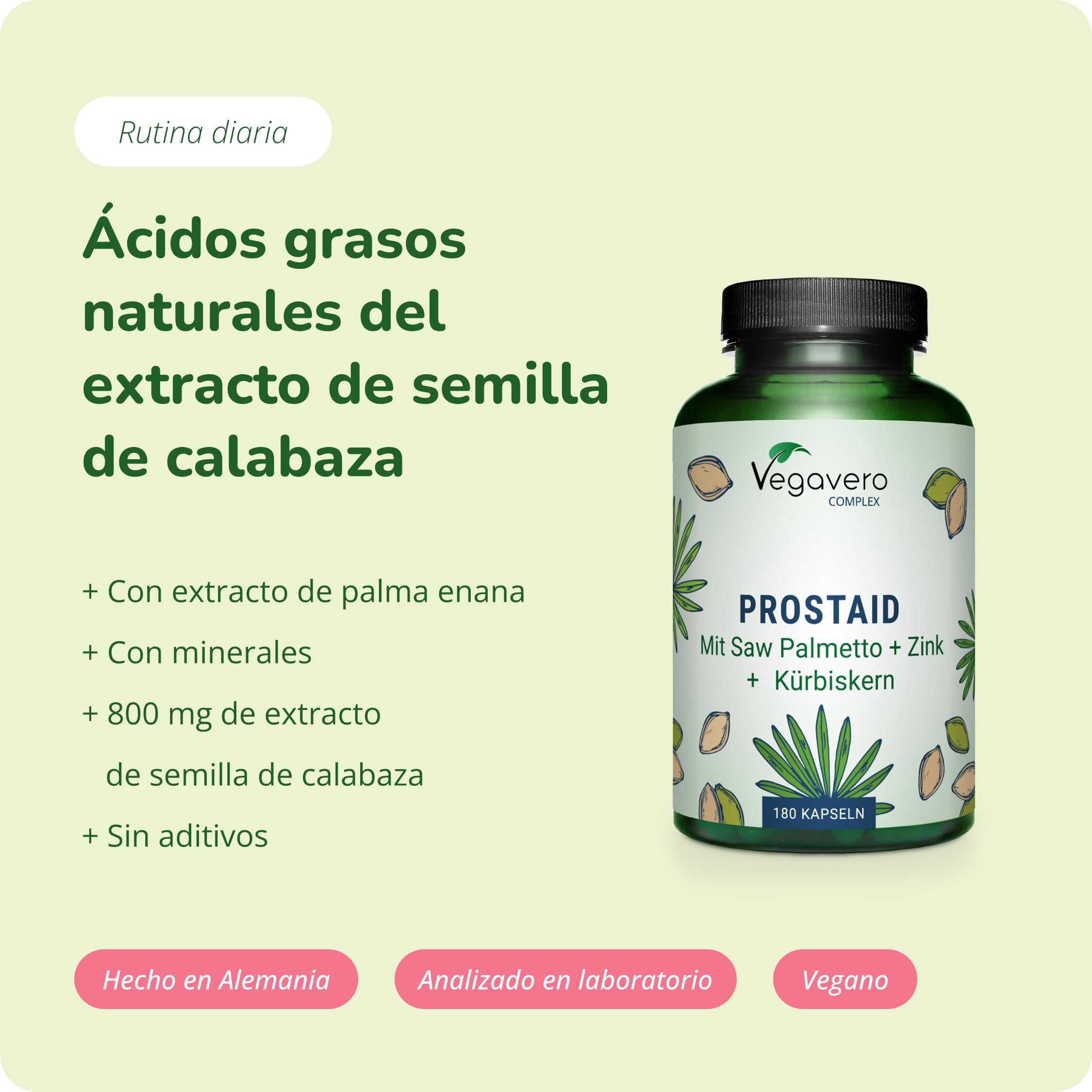 Vegavero Próstata | Saw Palmetto 5600 mg | 180 Cápsulas | Con Extracto de Calabaza, Ortiga Verde, Zinc y Selenio | Salud Vías Urinarias | Vegano y Sin Aditivos