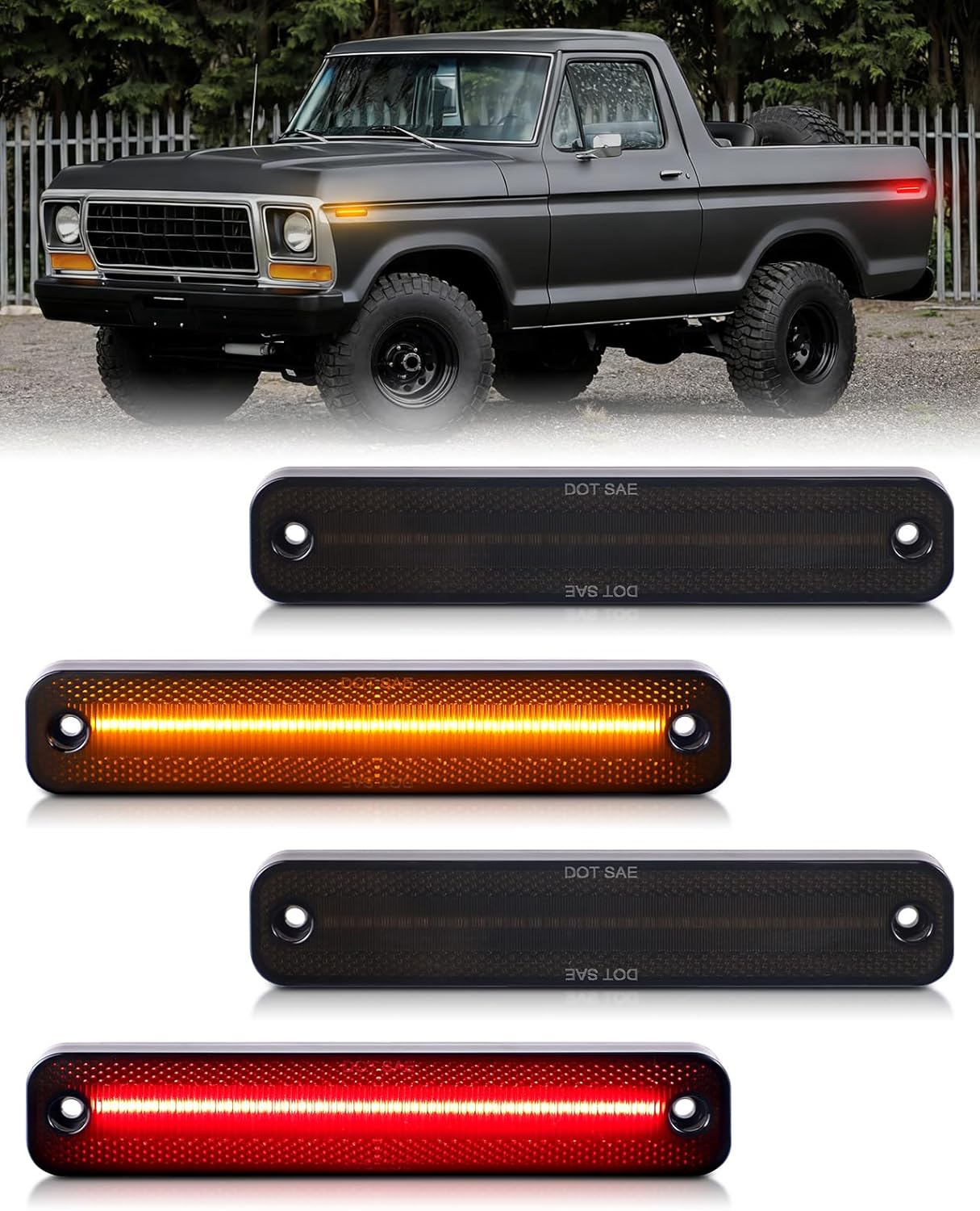 LED Side Marker Lights for Ford F100 F150 F250 F350 1973-1979,for Bronco 1978-1979，Econoline E100 E150 E250 E350 1975-1991，Smoekd Lens Amber/Red Front Rear Bumper Indicator Blinker Lamp，pack of 4