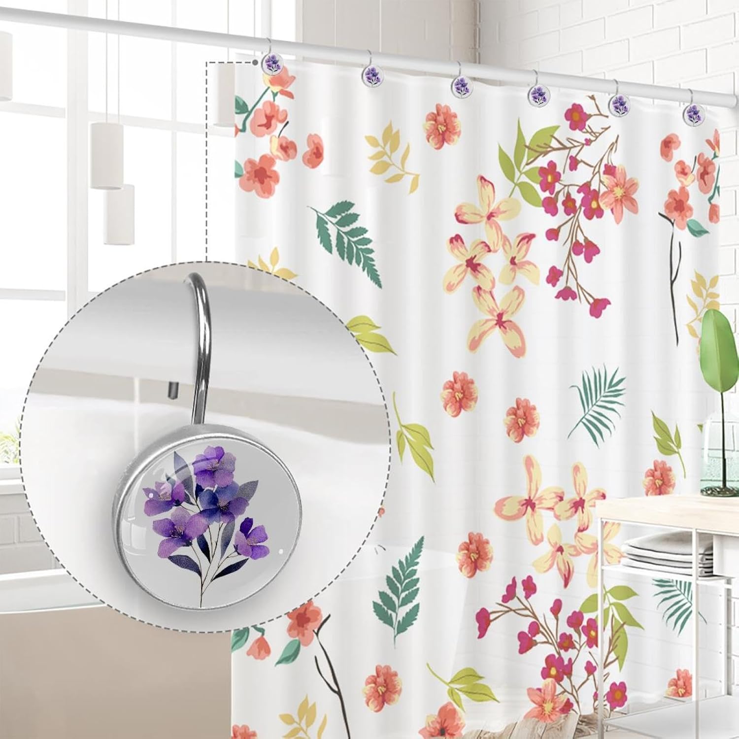 Aesthetic Purple Flower Decorative Shower Curtain Hooks Rings, Rust-Resistant Metal Glide Shower Hooks for Bathroom 12pcs Shower Curtain Hooks