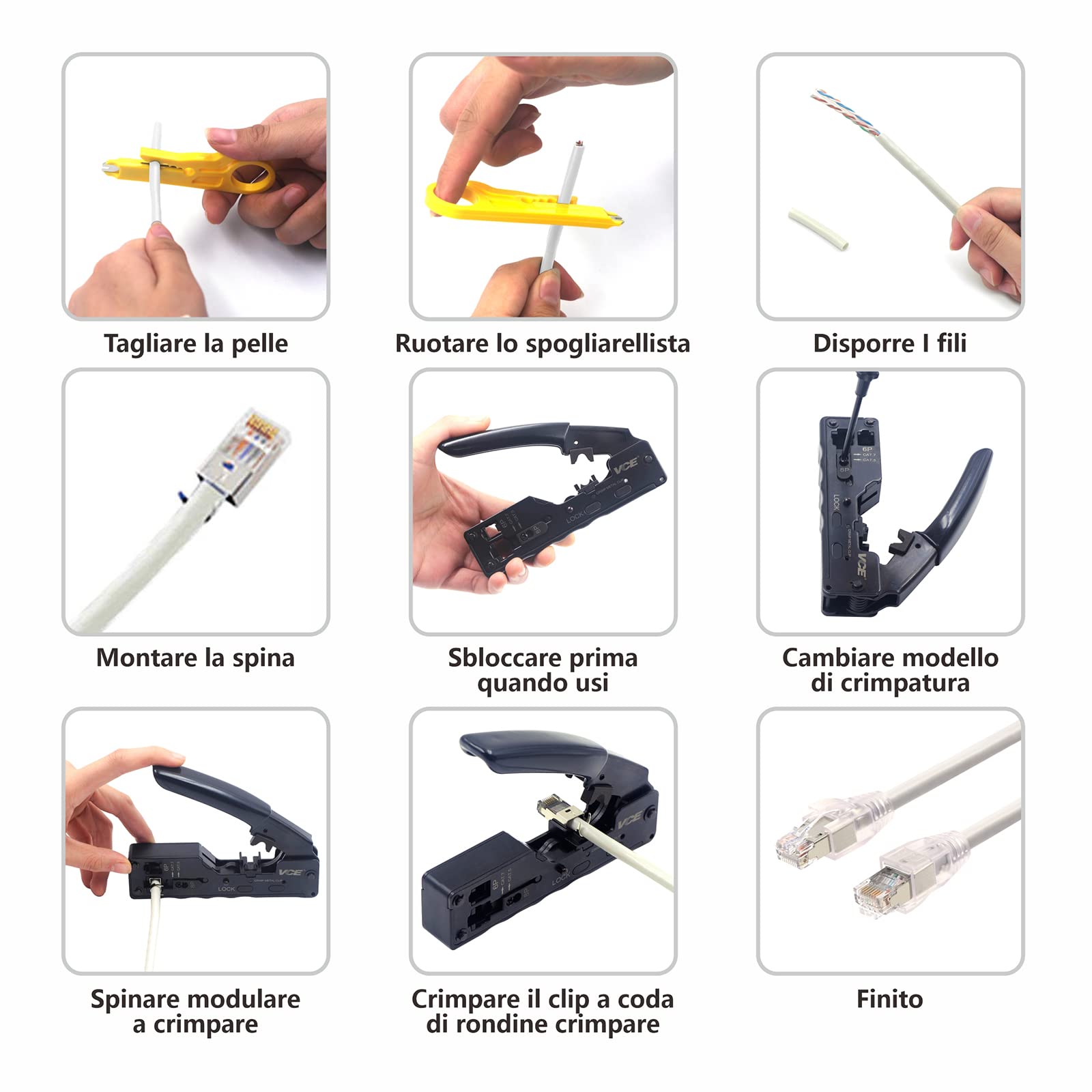 Kit Completo Per Cavi Di Rete - Tester RJ45, Pinza Crimpatrice E