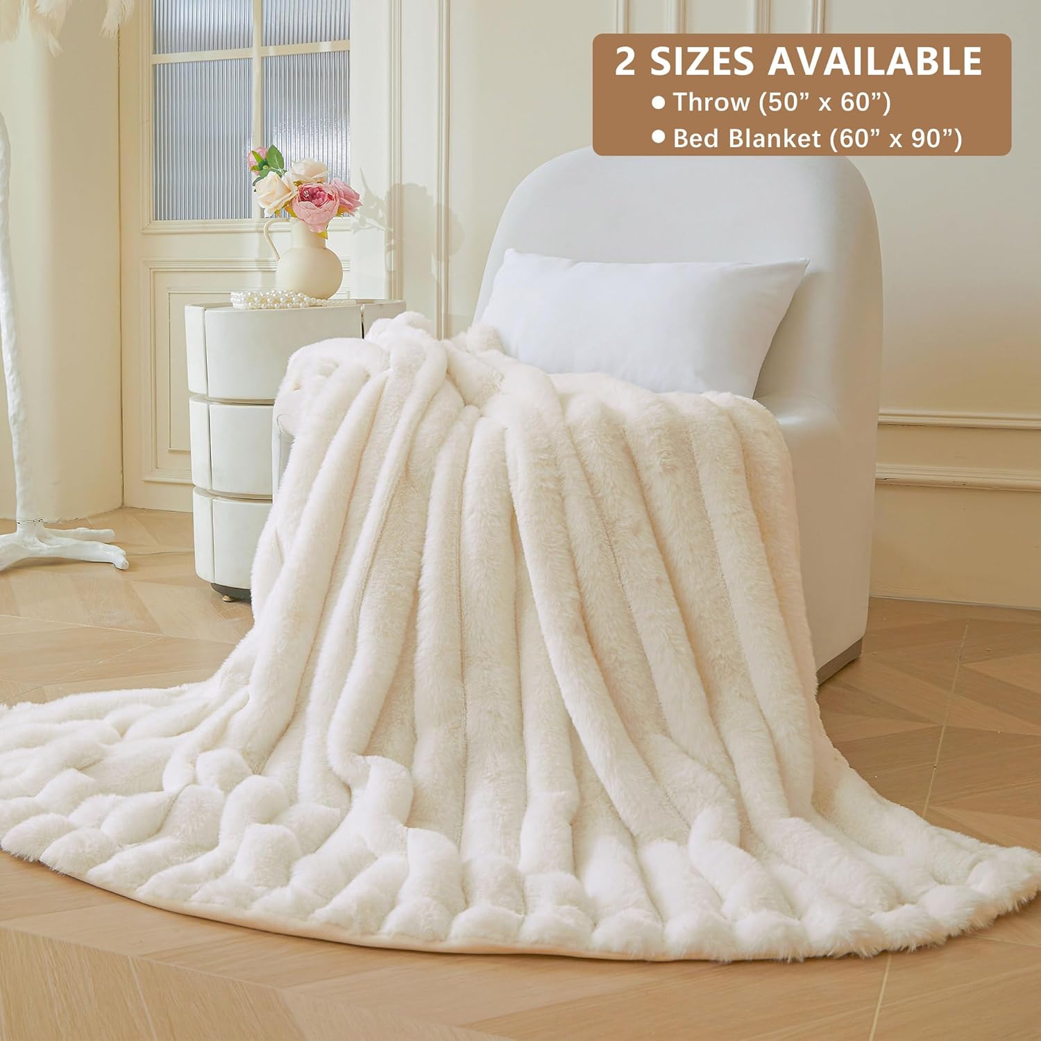 MEGO Fluffy Faux Rabbit Fur Throw, Luxury Ribbed Stripe Plush Fuzzy Blanket for Bed Couch Sofa Chair, Ivory Shaggy Throw Bedroom Living Room, Furry Blanket for Kids Girls Teens Adults, 50x60, Beige
