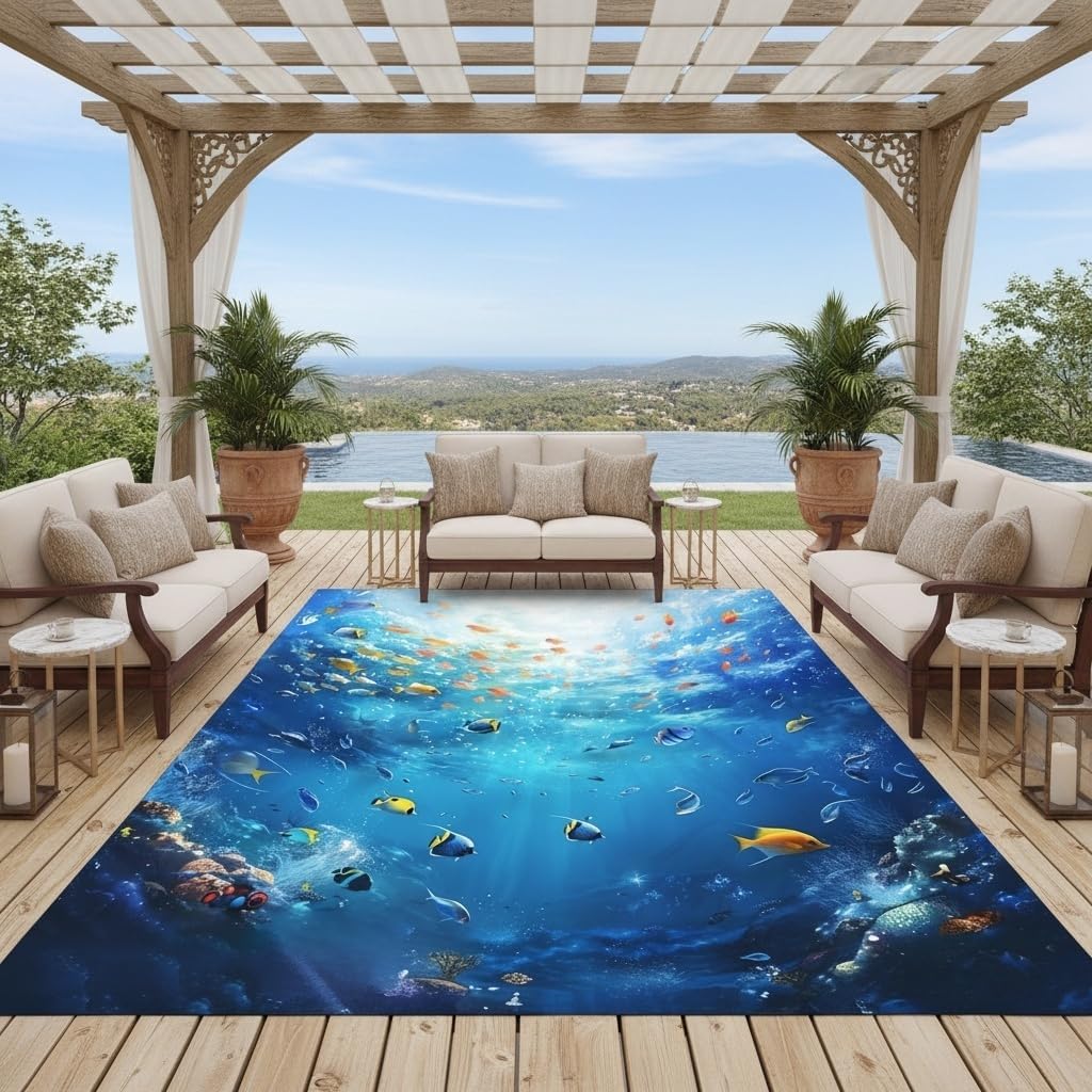 Ocean Blue Coastal Theme Tropical Fish Waterproof Washable Outdoor Rug for Patio Pool Deck Garden Balcony Backyard Large No Skid Outside Rug 3D Cute Camping Kitchen Laundry Floor Carpet 7x9