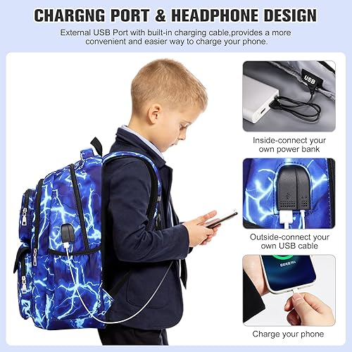 Miniatura 4 de Bevalsa Mochila para niños, bolsas escolares Lightning con bolsa de almuerzo y estuche para bolígrafos para niños, niñas, adolescentes
