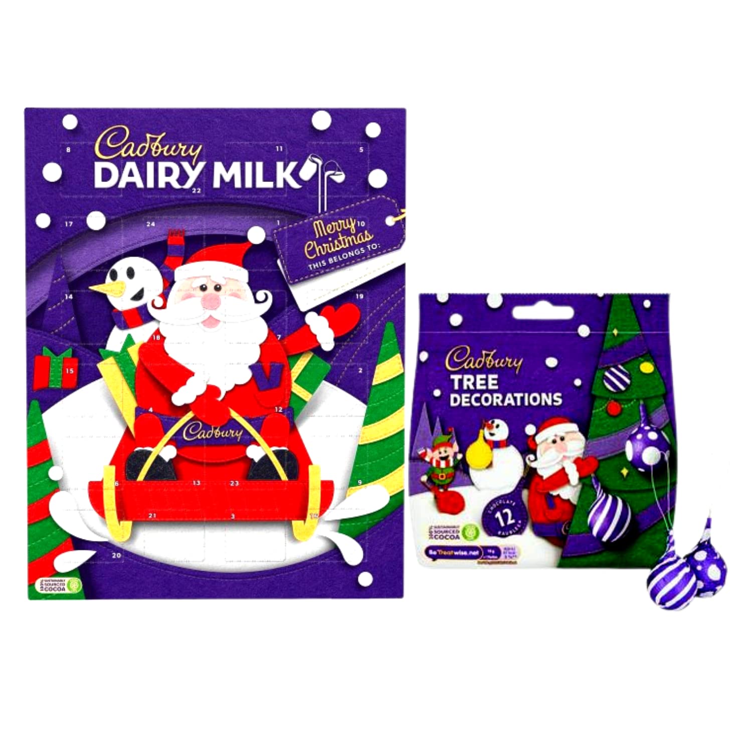 Chocolate Advent Calendar Bundle With Cadbury Dairy Milk Advent Calendar 90g And Cadbury Chocolate Tree Decorations 72g