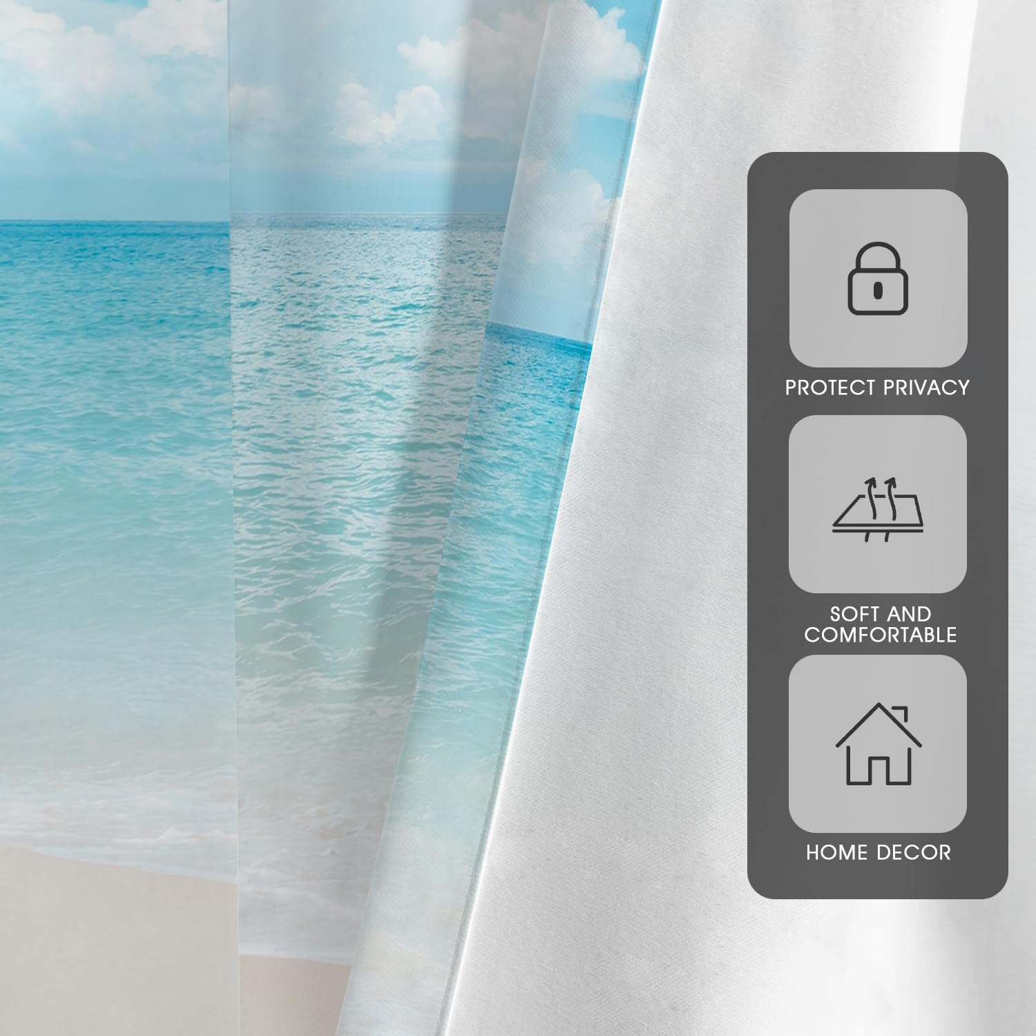 zokyer Beach Window Curtain Ocean Coastal Tropical Hawaiian Blue Sky Sea Nautical Seascape Seashore White Cloud 42" W x 63" L Living Room Bedroom Bathroom Curtains 2 Panels Rod Pocket Drapes