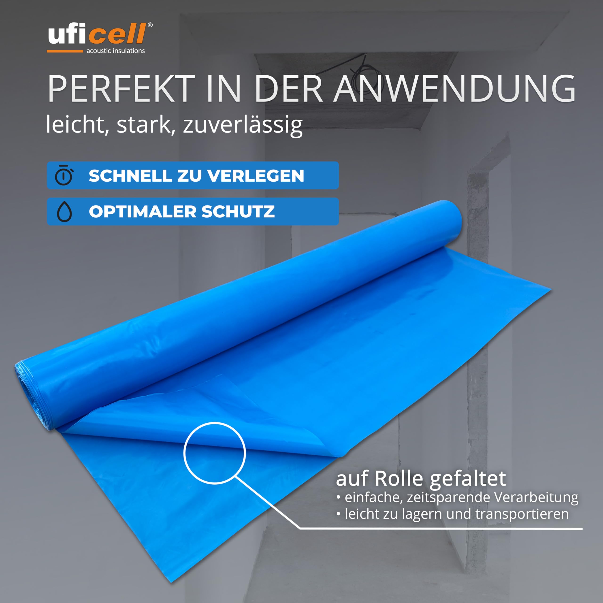 uficell Aqua-Stopp Dampfsperrfolie Blau 2 x 25 m = 50 qm Rolle Baufolie Estrichfolie PE-Folie Dampfsperre 0,13 mm Stark unter Laminat- und Parkettböden bei erhöhter Restfeuchte (50 m² - 25 x 2)