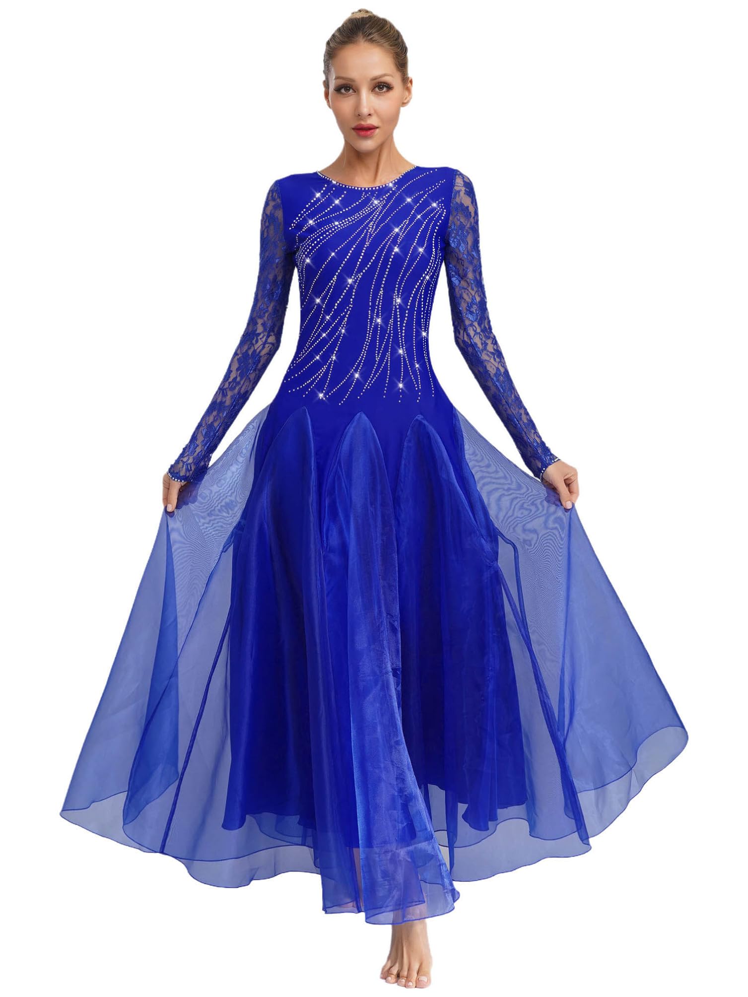 Robe De Danse De Salon Pour Femme Avec Strass - Color Block, Dos En V - Pour Valse, Tango, Compétition - Taille S à XL