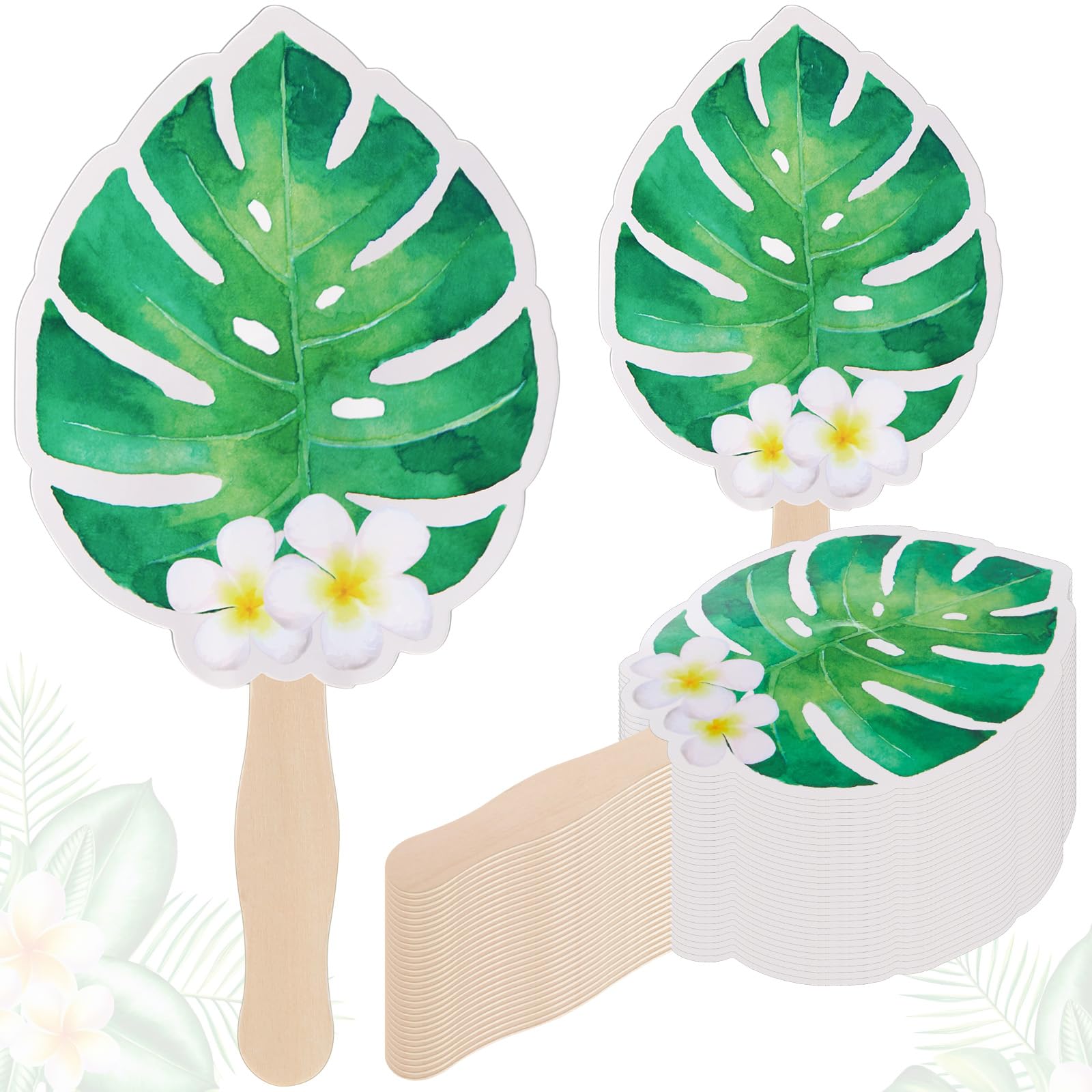 Beeveer Papierfächer mit Palmblättern, Pappfächer, Hochzeitsfächer mit Holzstäbchen, Blumenmuster, Papierfächer für Gäste, Feiern, Gastgeschenke, 50 Stück
