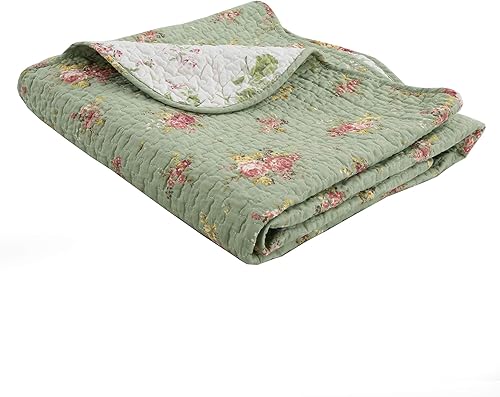 Cozy Line Home Fashions Manta reversible de algodón acolchado festoneado con estampado floral vintage, verde salvia, rosa, amarillo, 60 x 50 pulgadas