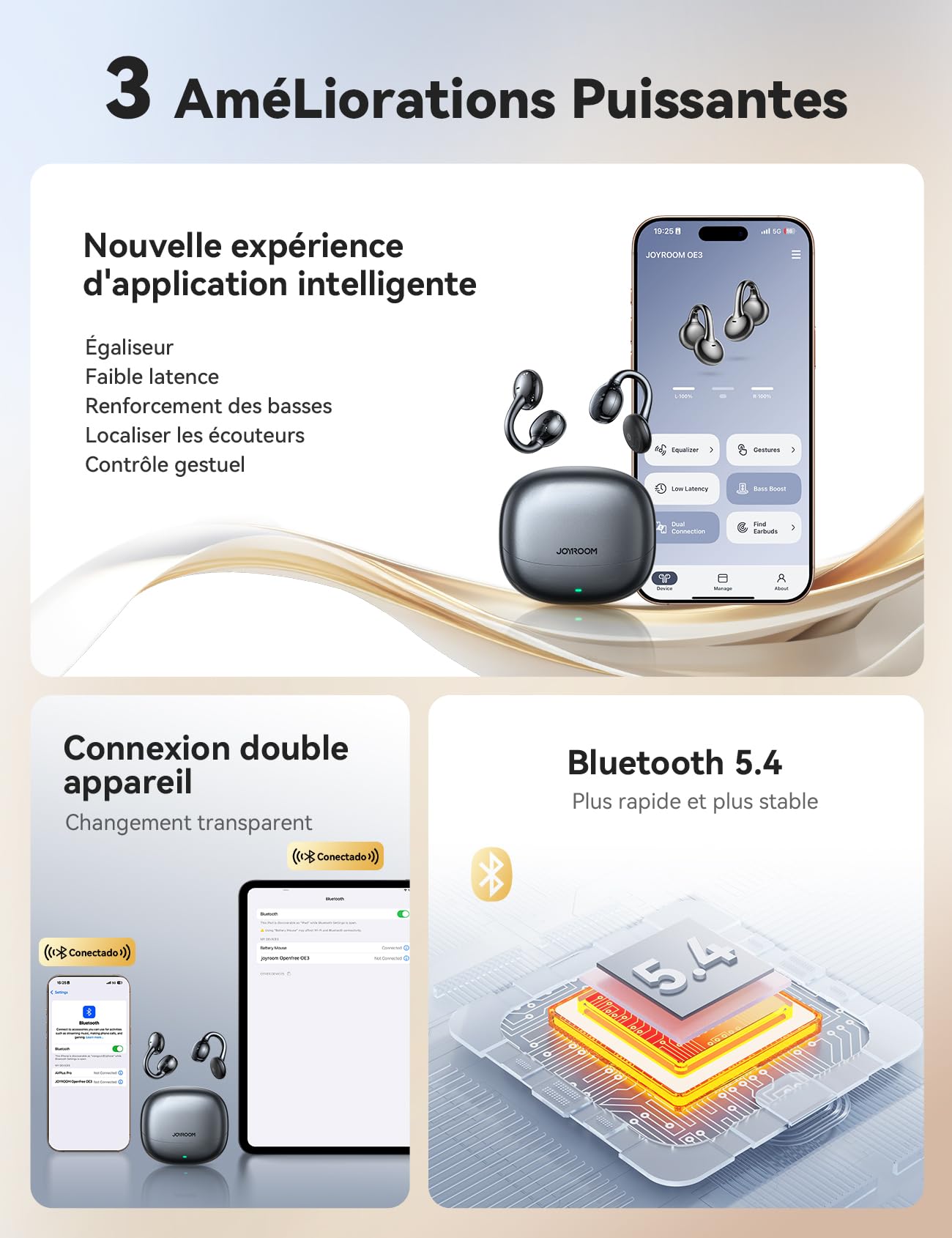 JOYROOM Écouteurs Open Ear,【Son Piloté par App】 Bluetooth 5.4, Ecouteurs sans Fil à Clip, 4.9g Ultra-Légers & Confortables, IA-ENC, Détection L/R Auto, Son Immersif, Idéaux pour Sport & Quotidien